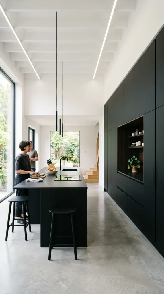 Modern kitchen interior showcasing floor-to-ceiling matte black handleless cabinets, a matching black island, and linear pendant lighting.