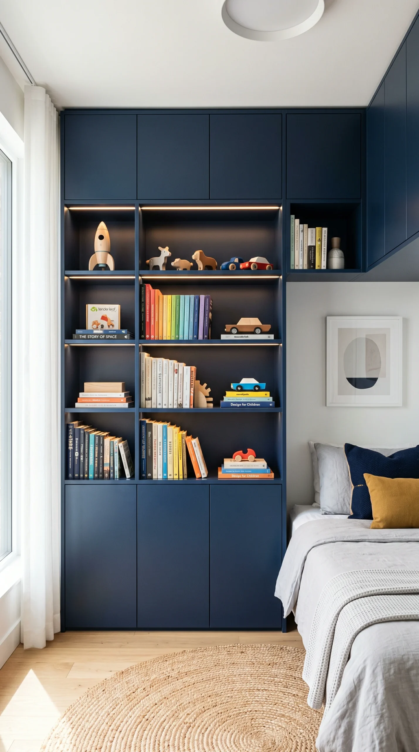 Floor-to-ceiling matte navy blue built-in cabinets and illuminated display shelves holding colorful books and toys in a modern small bedroom.