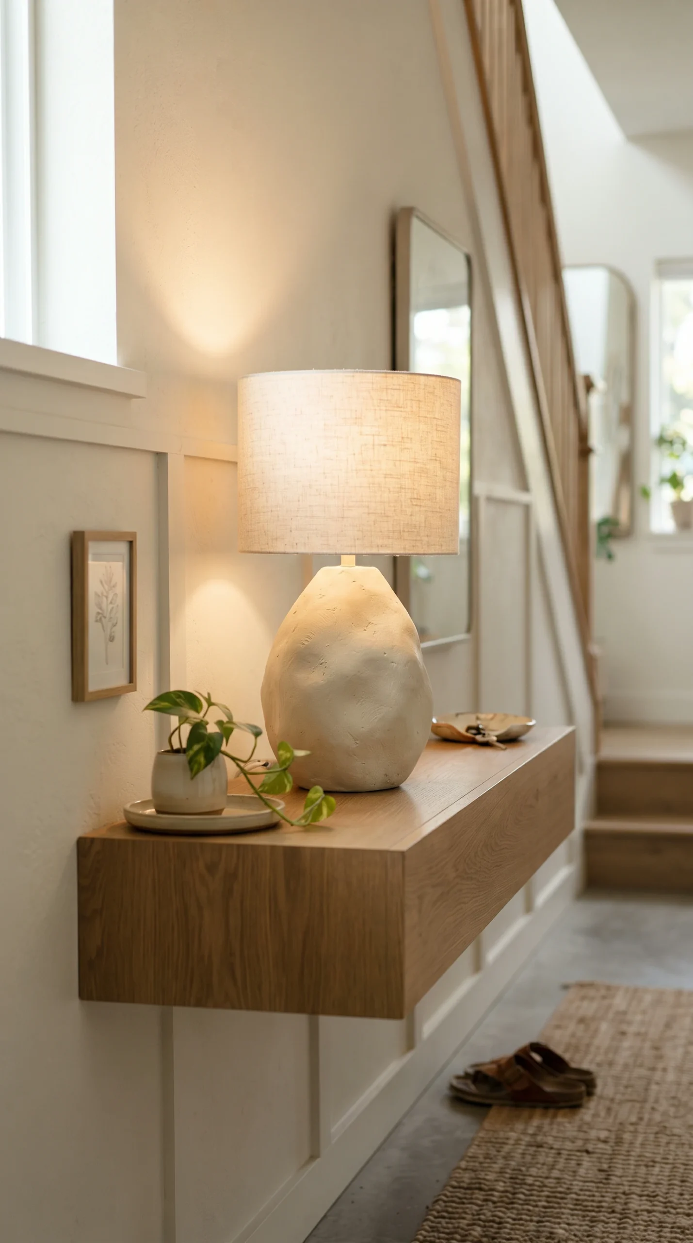 A large asymmetrical raw plaster lamp sitting alone on a minimalist entryway console in a modern home.