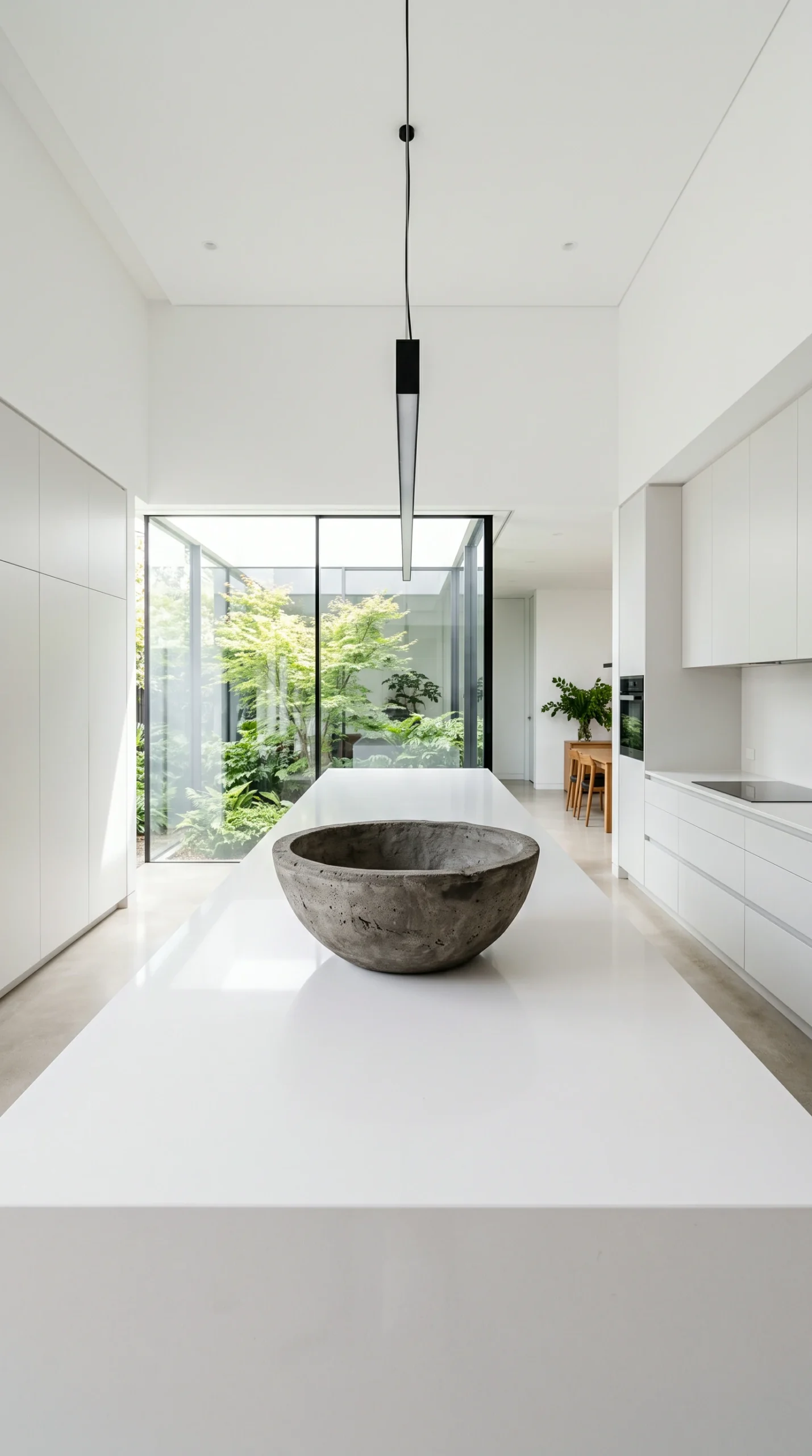 ultra minimalist kitchen counter decor ideas bare white quartz island with central concrete bowl