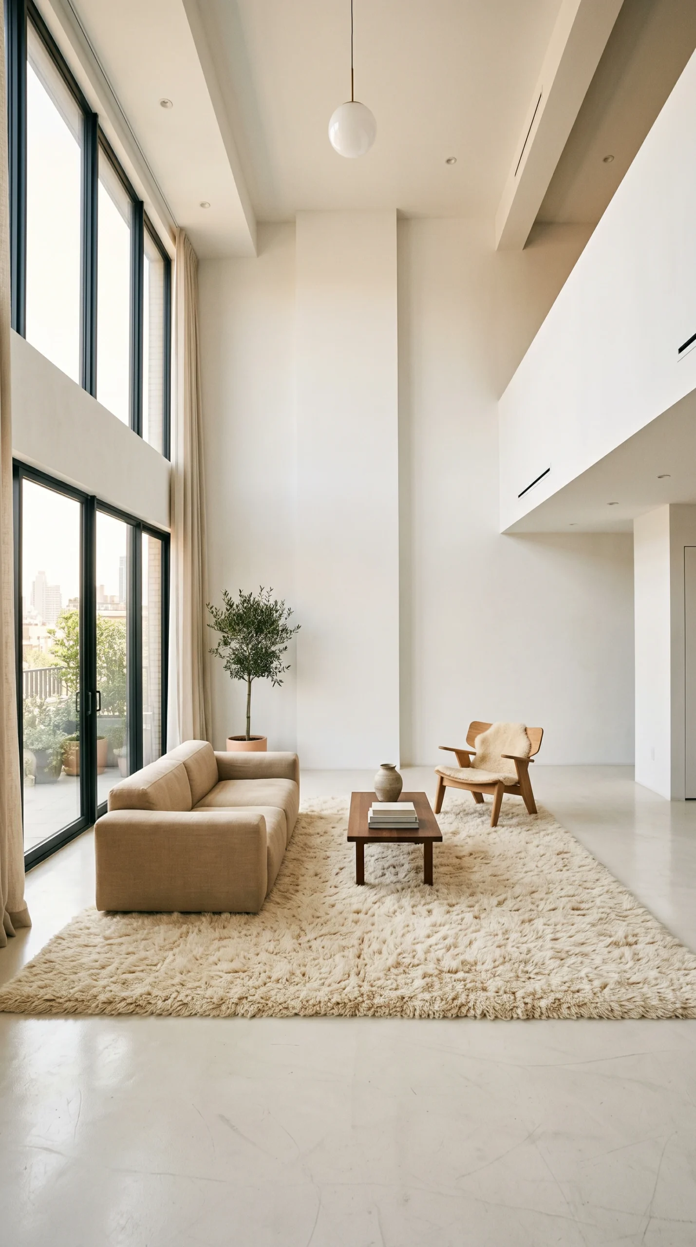 Expansive minimalist living room with stark white walls and a thick plush cream area rug warming the space.
