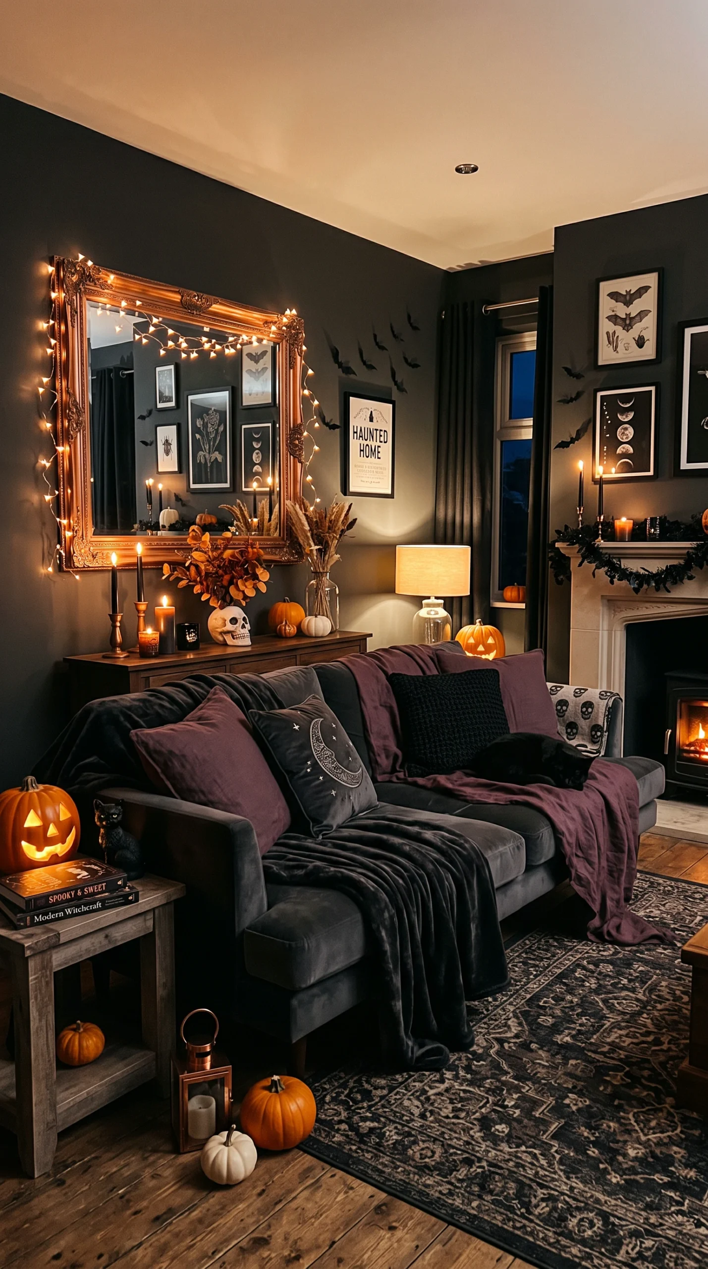 A modern living room styled with aesthetic spooky home decor for Halloween.