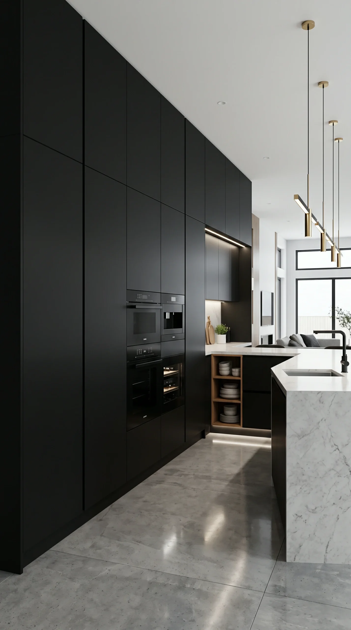 An ultra-modern black and wood kitchen with handleless cabinetry and a central island with marble countertop.