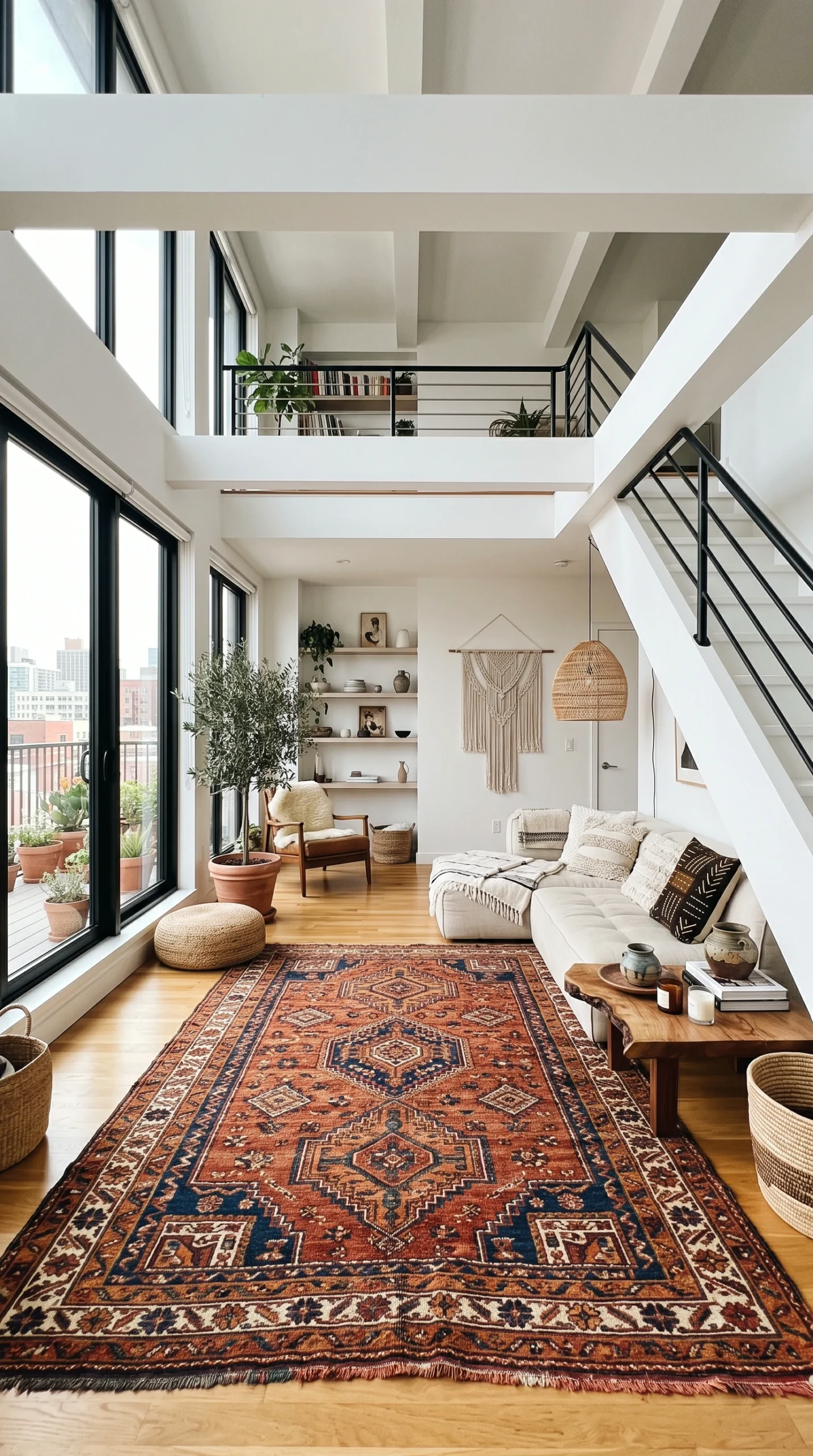 Large red and blue vintage Moroccan Kilim rug in a modern white apartment living room.