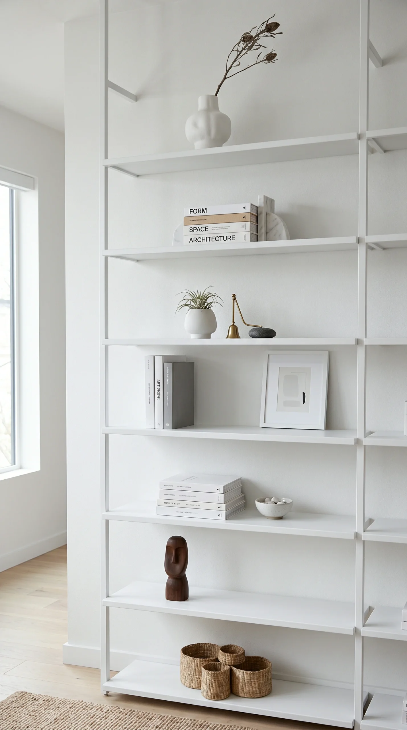 Vertical view of modern optic white bookshelves utilizing negative space for minimalist decor.
