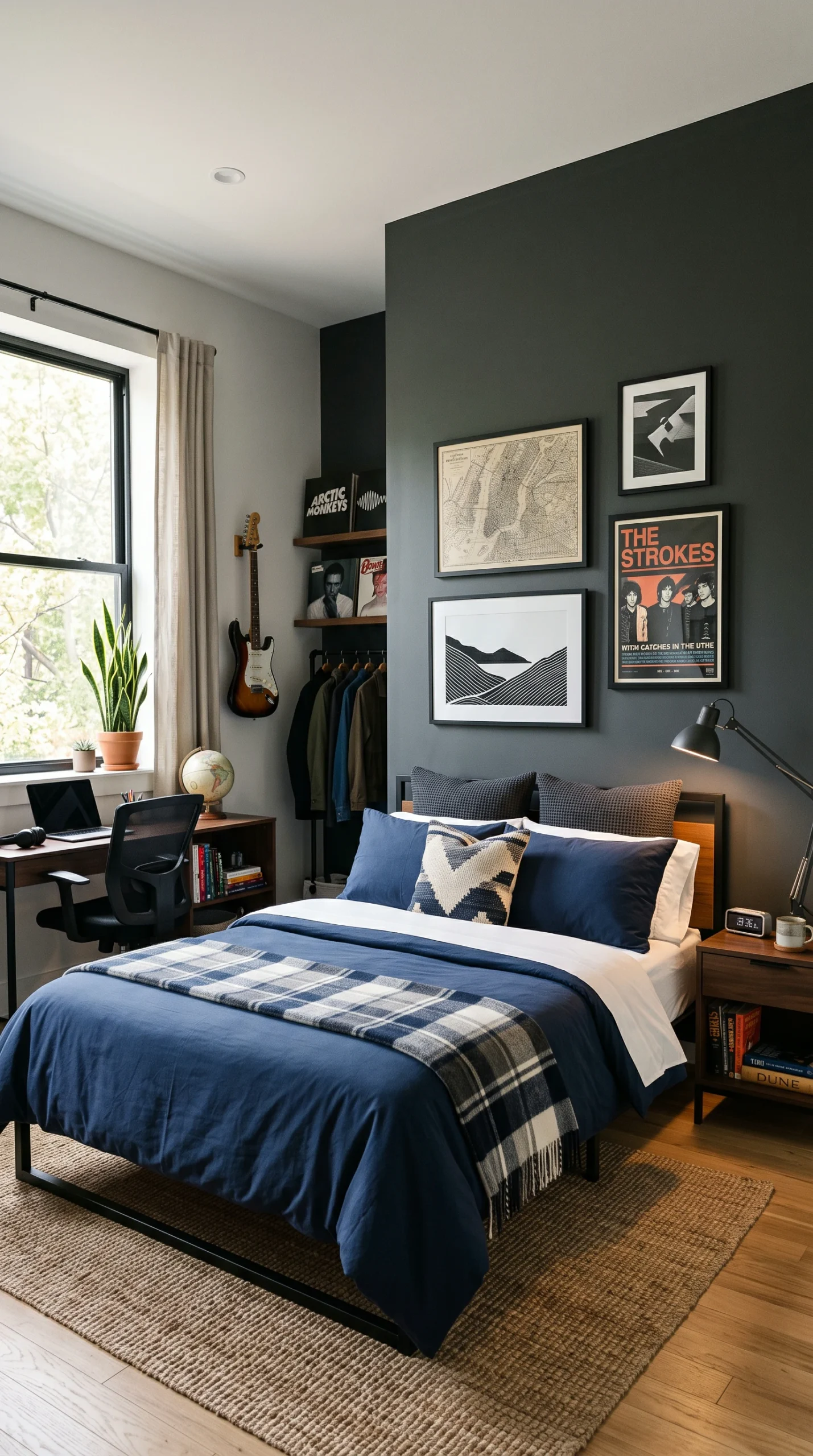 Sophisticated teen bedroom with a dark charcoal gray accent wall, a modern navy blue bed, and unique decor, showcasing cool boy room ideas.