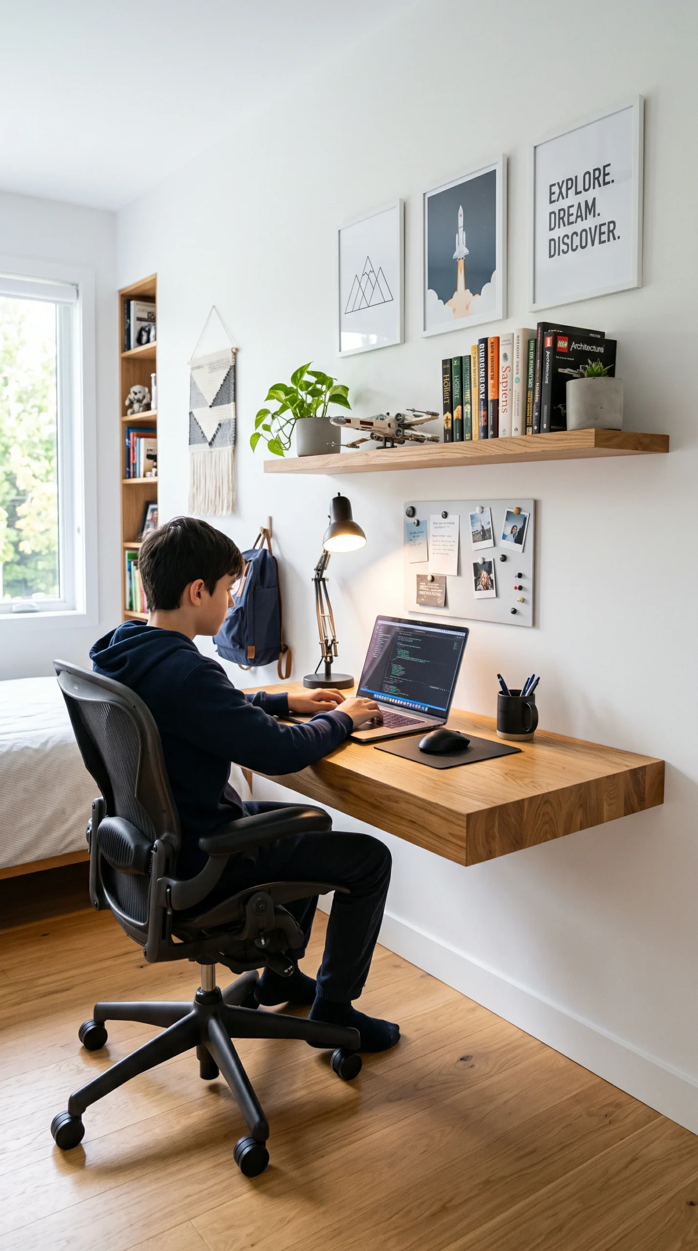 Boy using a laptop at a modern oak floating desk on a white wall in a study area.