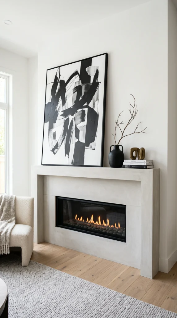 modern mantel decor ideas with black and white abstract art and curated objects.