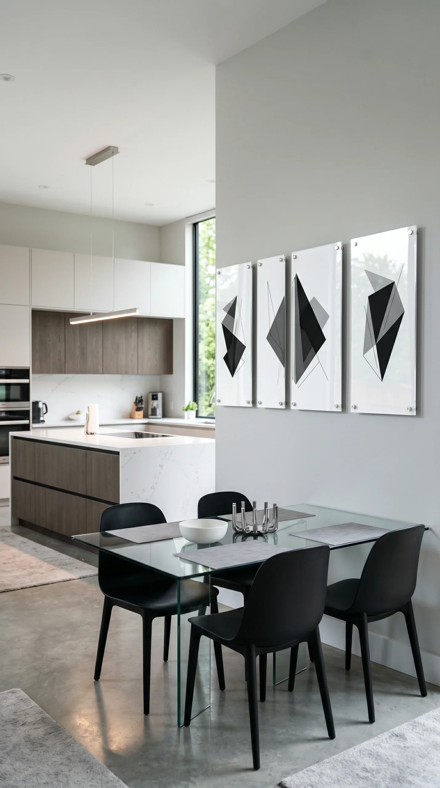 A modern dining area featuring a glass table and black chairs, with three transparent acrylic panels displaying black and grey geometric shapes on the wall.