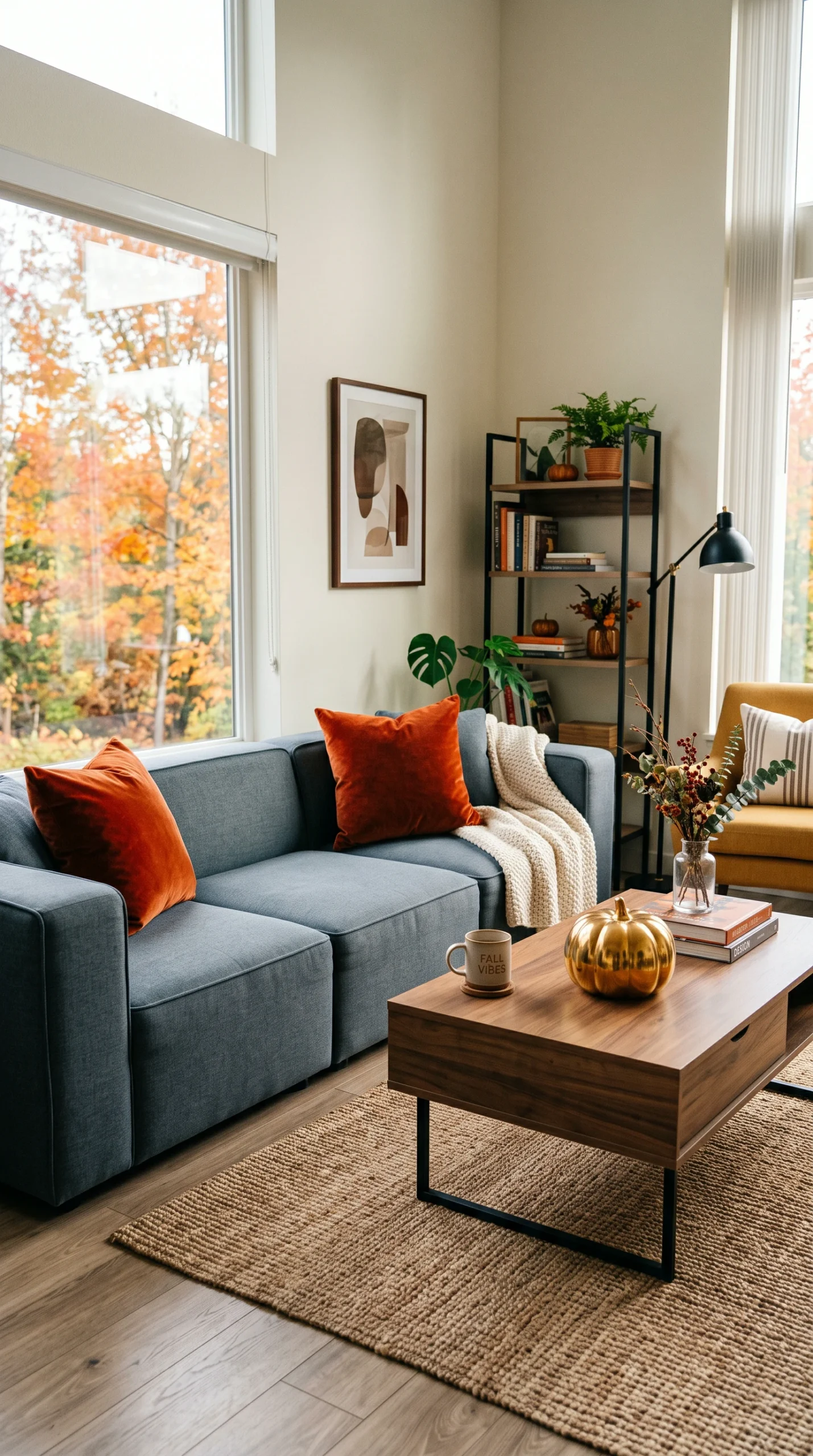 modern fall room decor ideas with grey sofa, rust pillows, and brass pumpkin