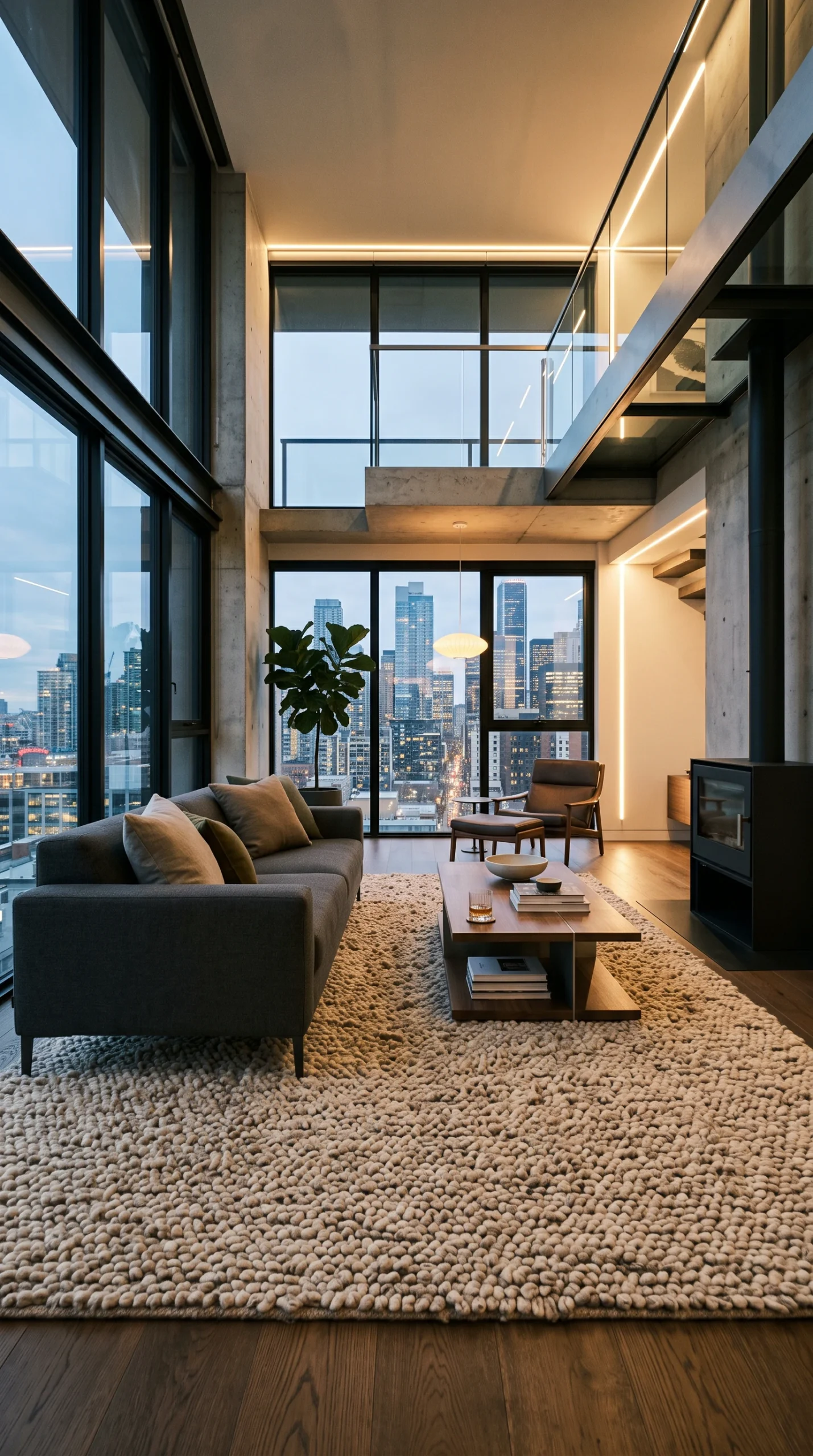 Two-story modern apartment living room with concrete pillars, dark framed windows, and a plush heavily textured wool area rug.