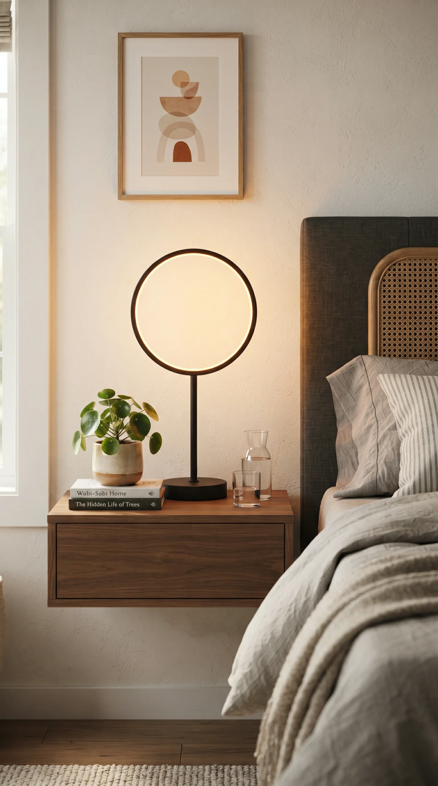 A curated modern bedroom with floating walnut nightstand, glowing lamp, plant, and books next to a bed.