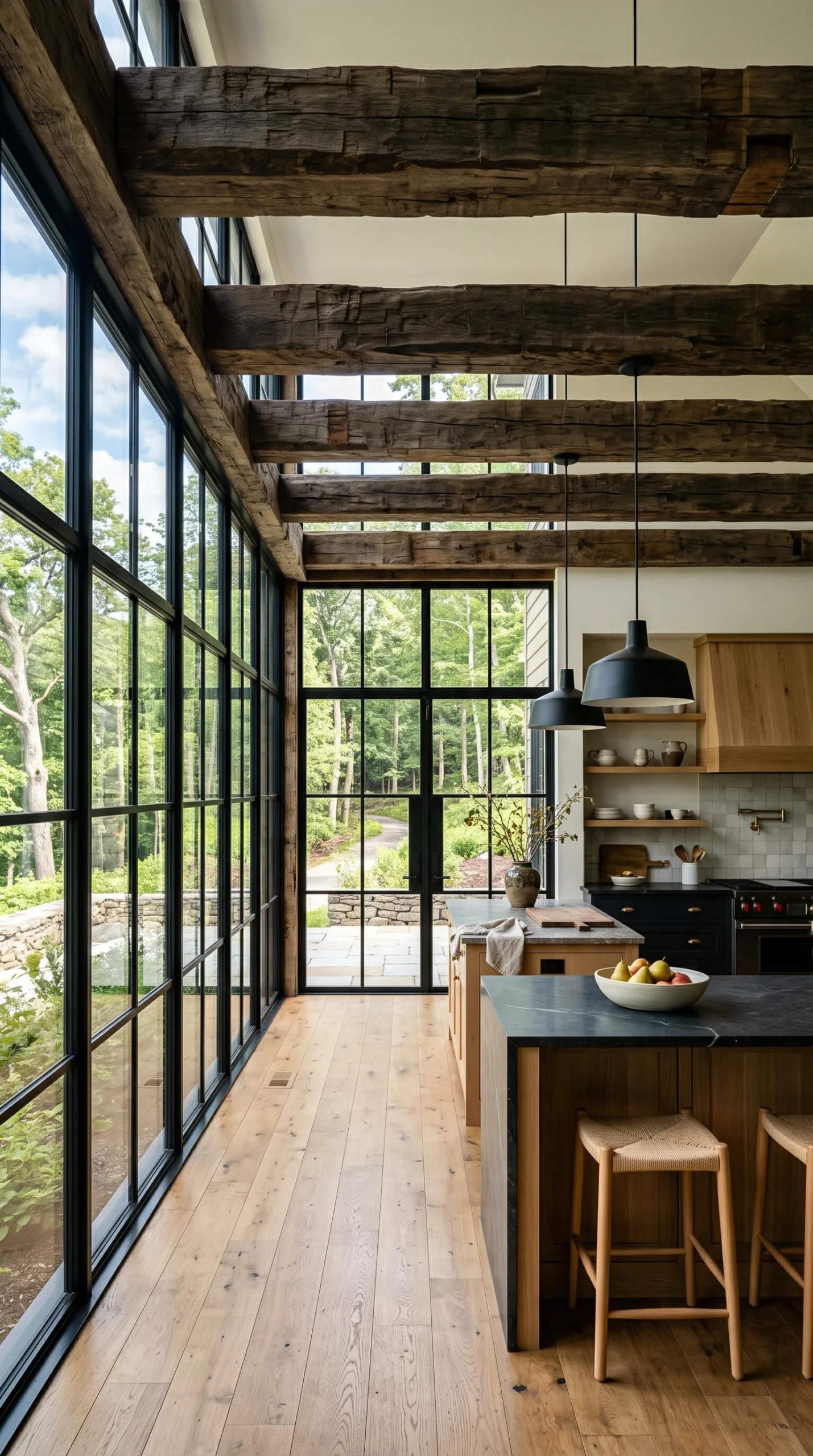 A modern kitchen interior with exposed wood beams and large black metal grid windows.