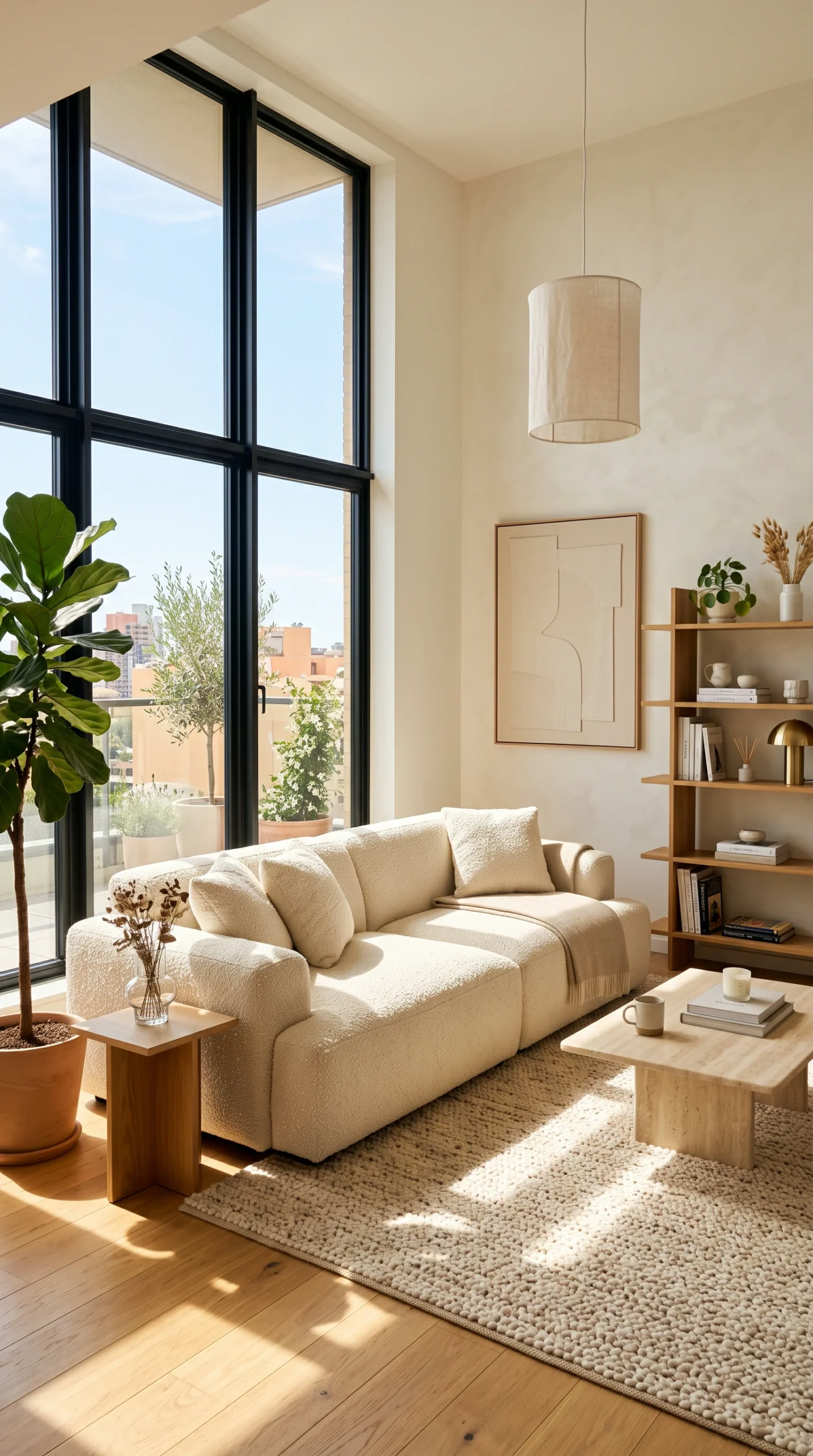 A bright living room with large windows, a textured cream boucle sofa, and wooden shelves under warm natural sunlight.