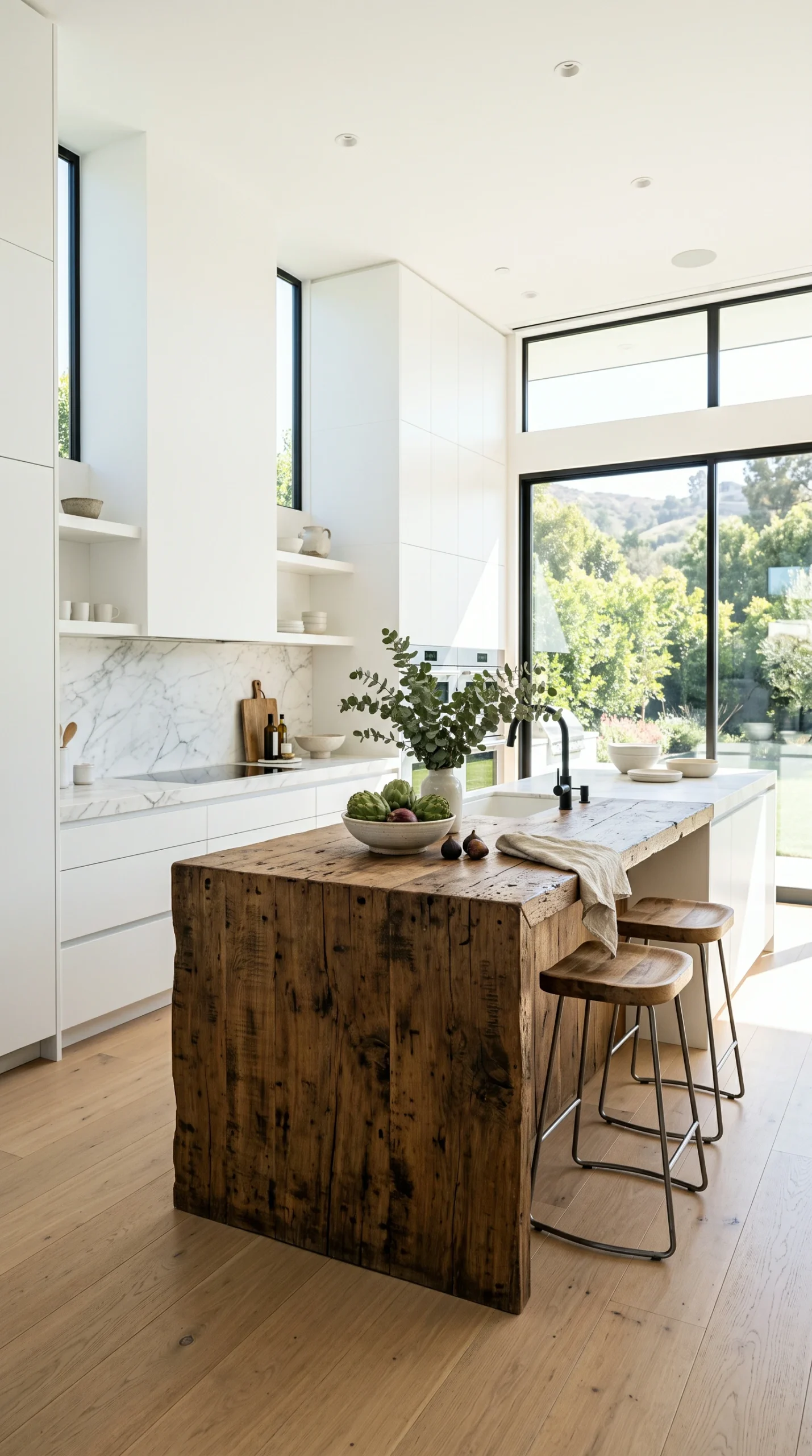 Ultra-modern stark white luxury kitchen featuring large windows and a heavy antique raw-sawn oak central island with two wooden bar stools.