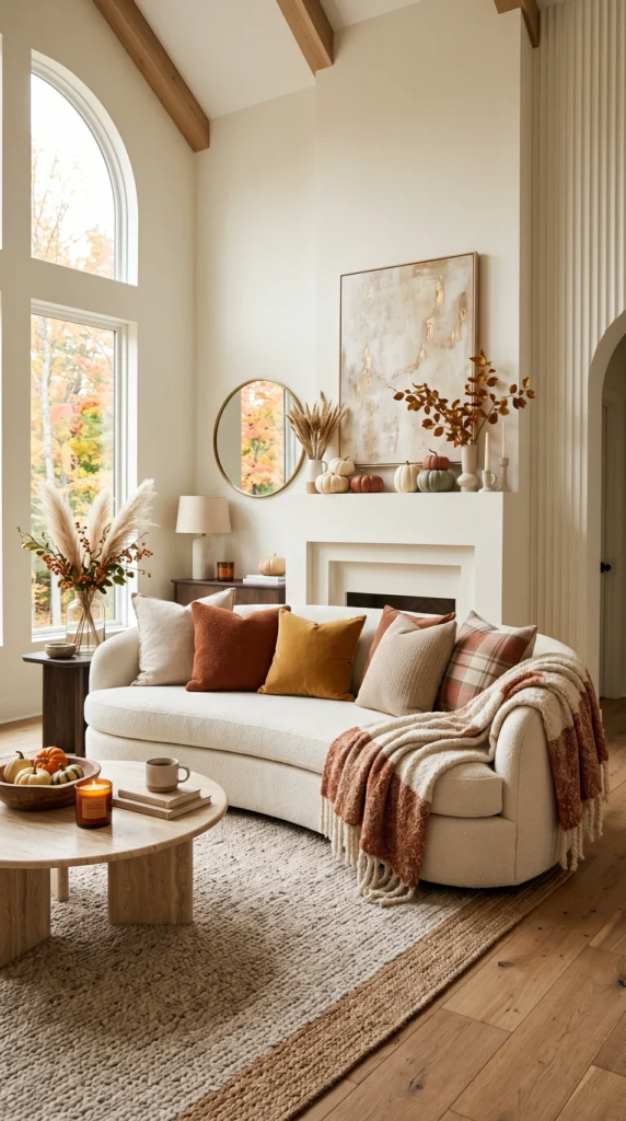 a modern living room featuring a curved alabaster sofa and autumn decor