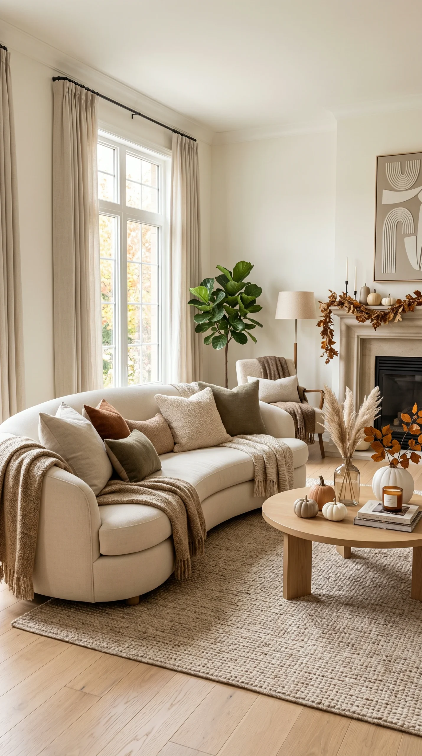 Modern curved sofa in a living room with boucl pillows, pampas grass, small pumpkins, and a fall garland on the mantel.