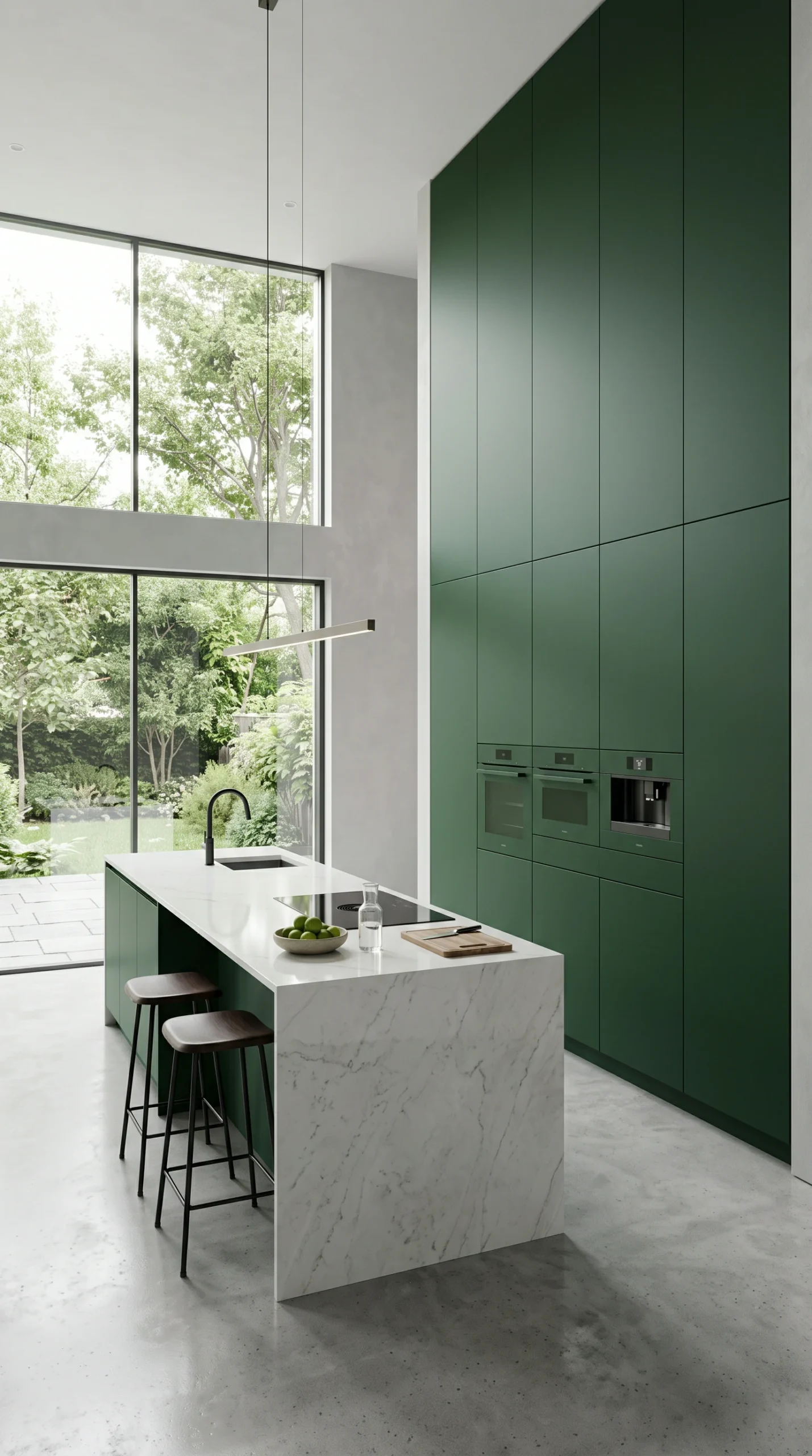 Modern green cabinets with white marble island and two bar stools.