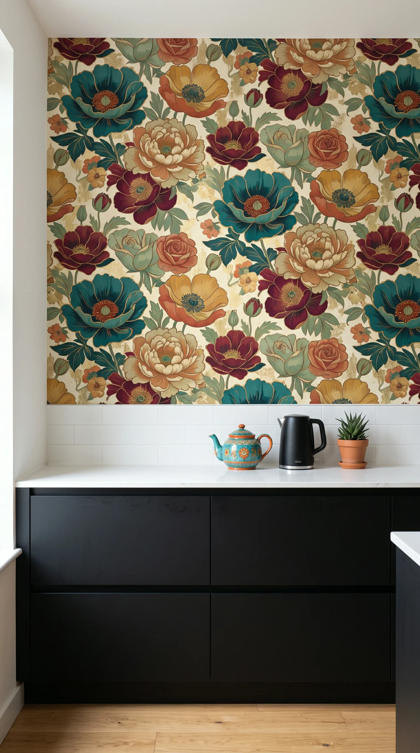 Modern whimsical kitchen ideas featuring contrasting vintage floral wallpaper and matte black minimalist cabinetry.