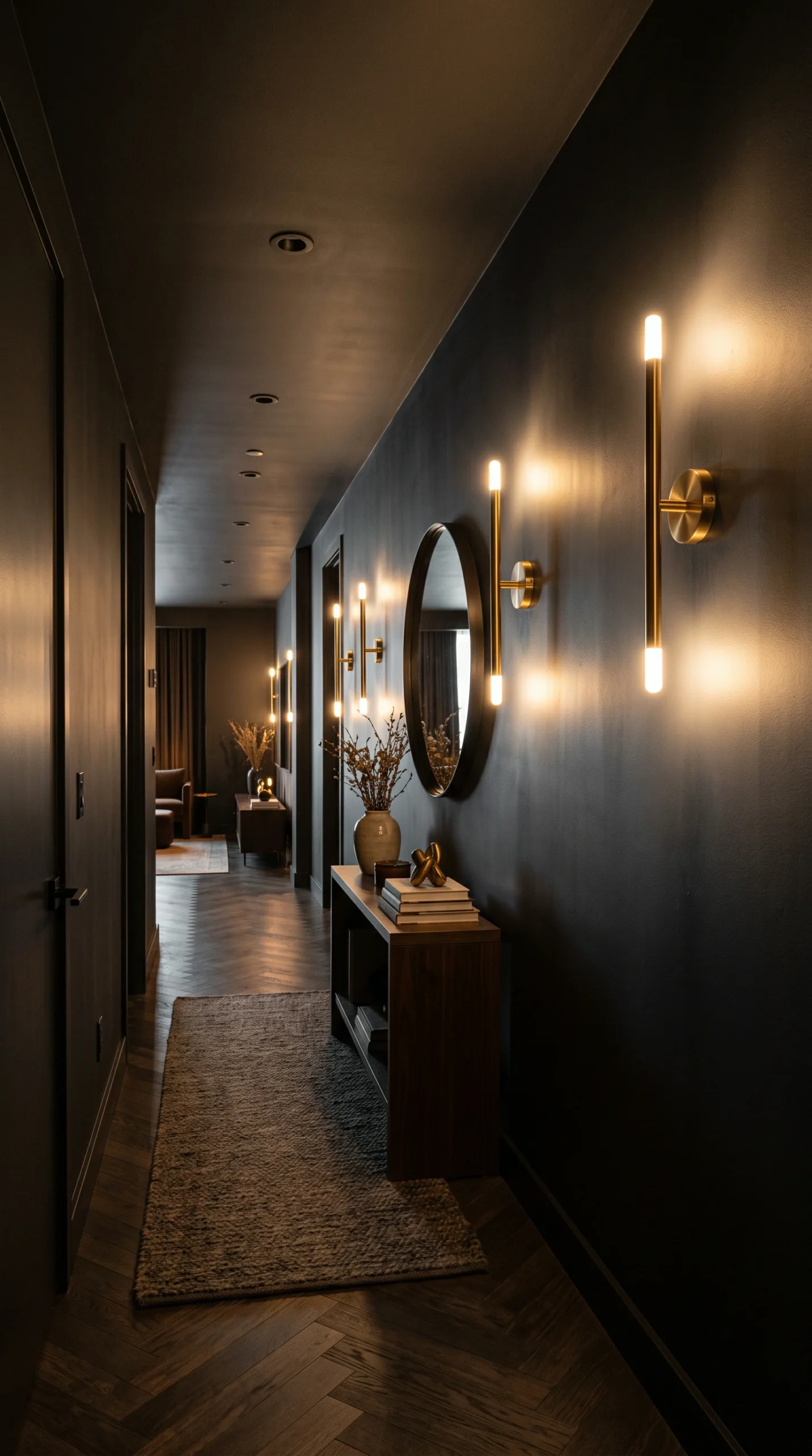 Dark charcoal hallway illuminated by warm modern brass wall sconces