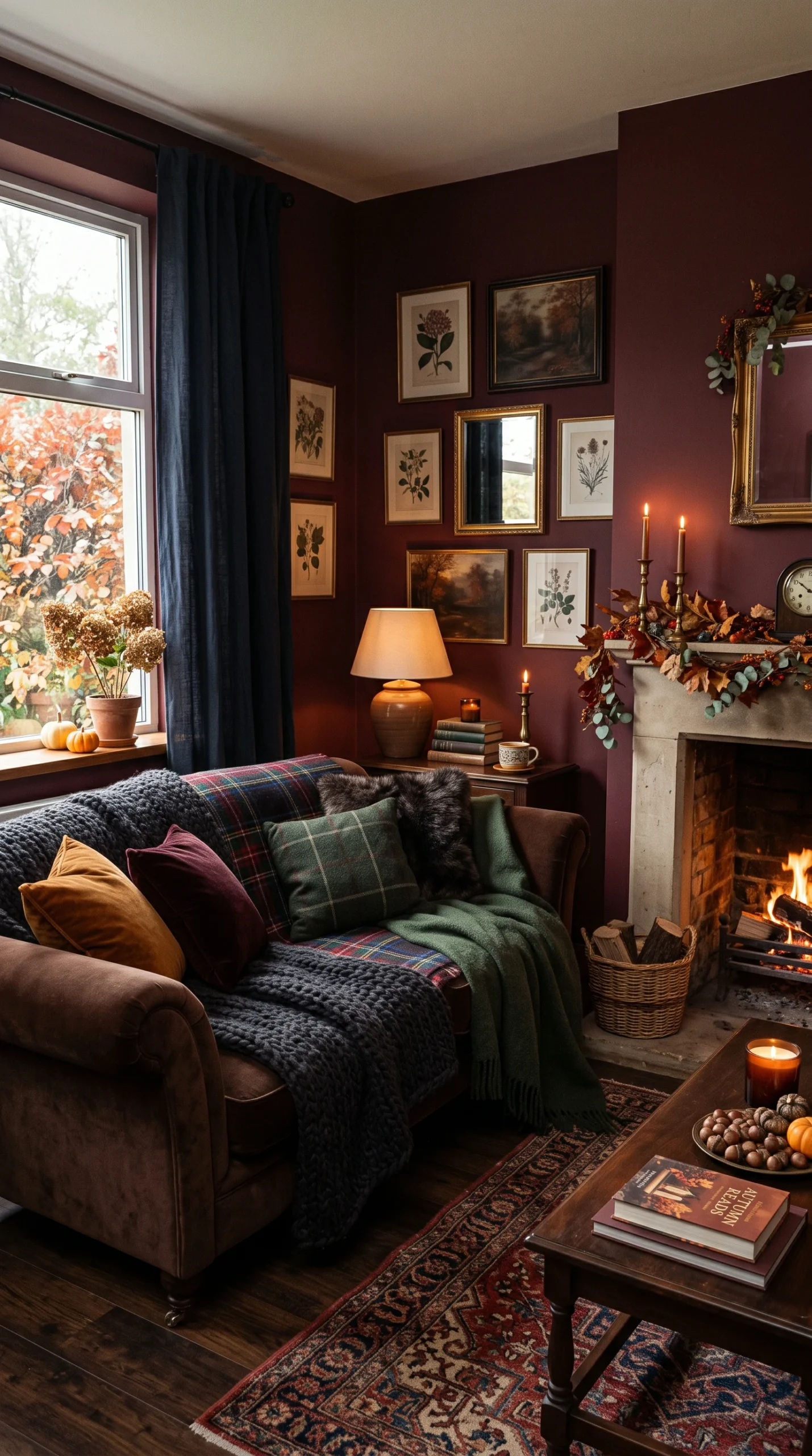 Deep burgundy walls and a chocolate brown velvet sofa styled with dark tartan blankets and throw pillows in a moody autumn living room.