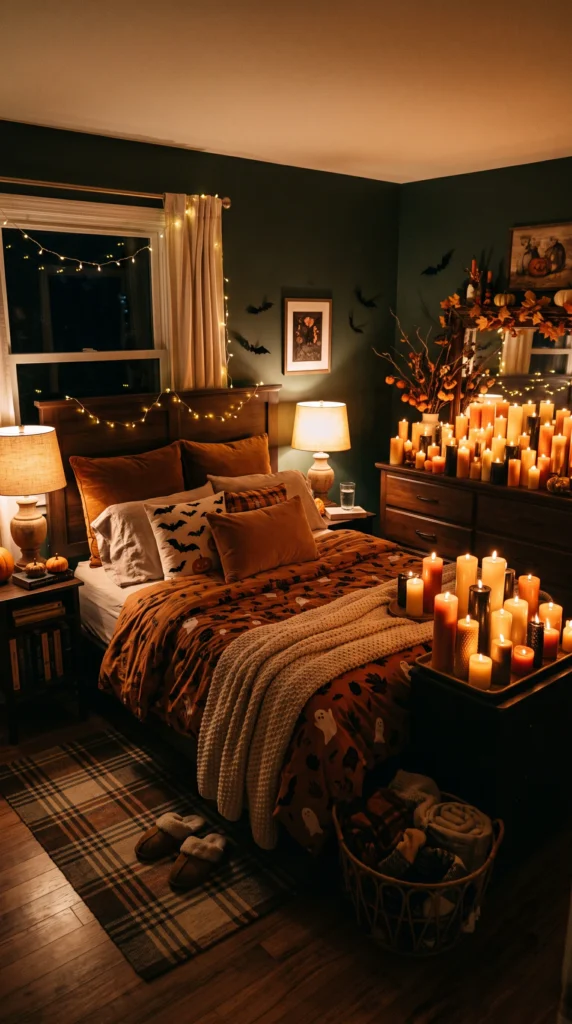 Cozy Halloween bedroom corner with flickering pillar candles on a dresser and a 'Trick or Treat' banner.