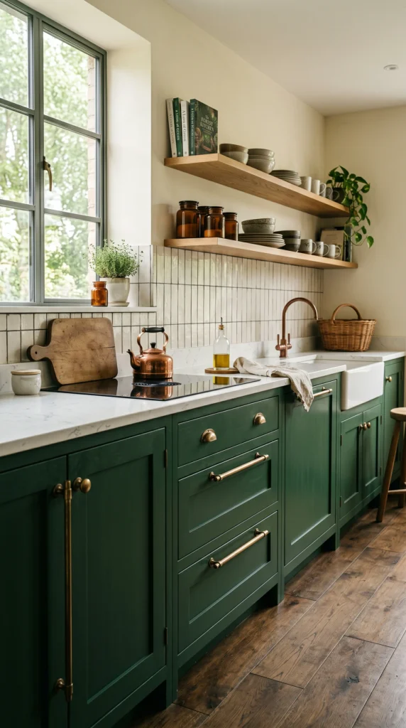 Kitchen with forest green lower cabinets and white quartz counters.