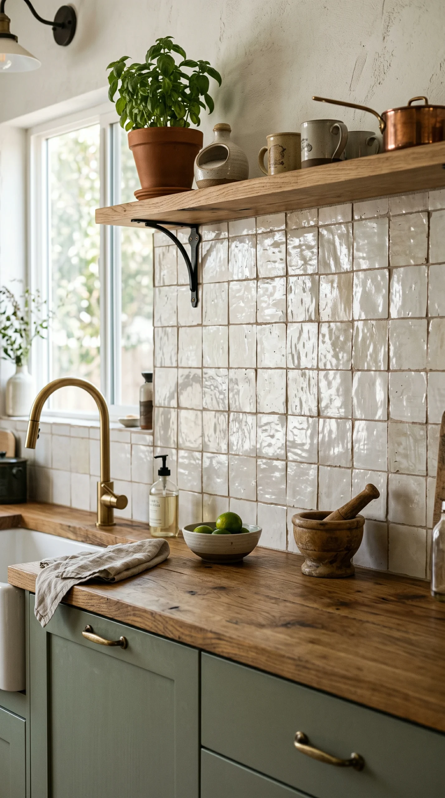 rustic modern kitchen backsplash ideas - handmade white Moroccan Zellige tiles with irregular glaze