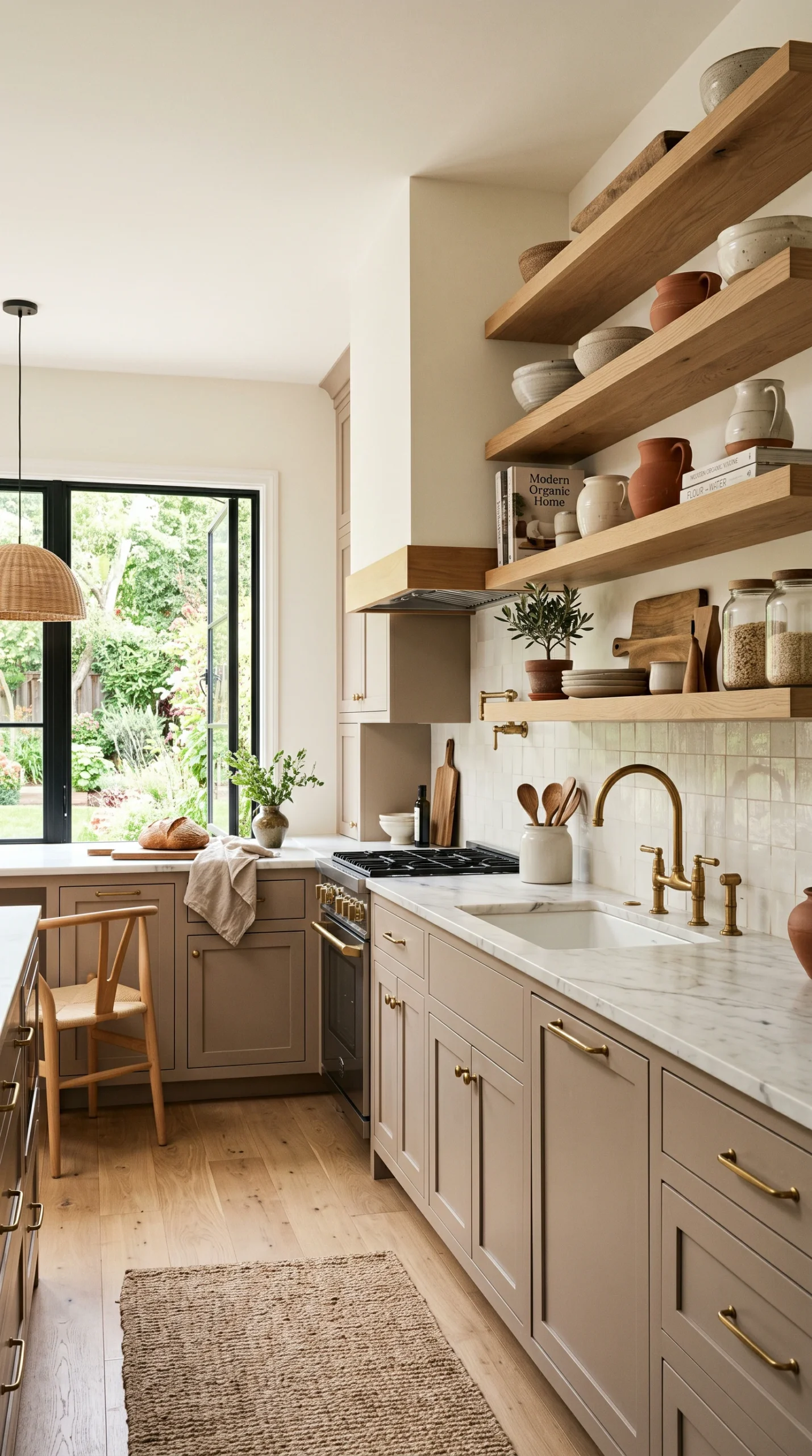 Neutral kitchen with mushroom shaker cabinets and thick natural white oak floating shelves.