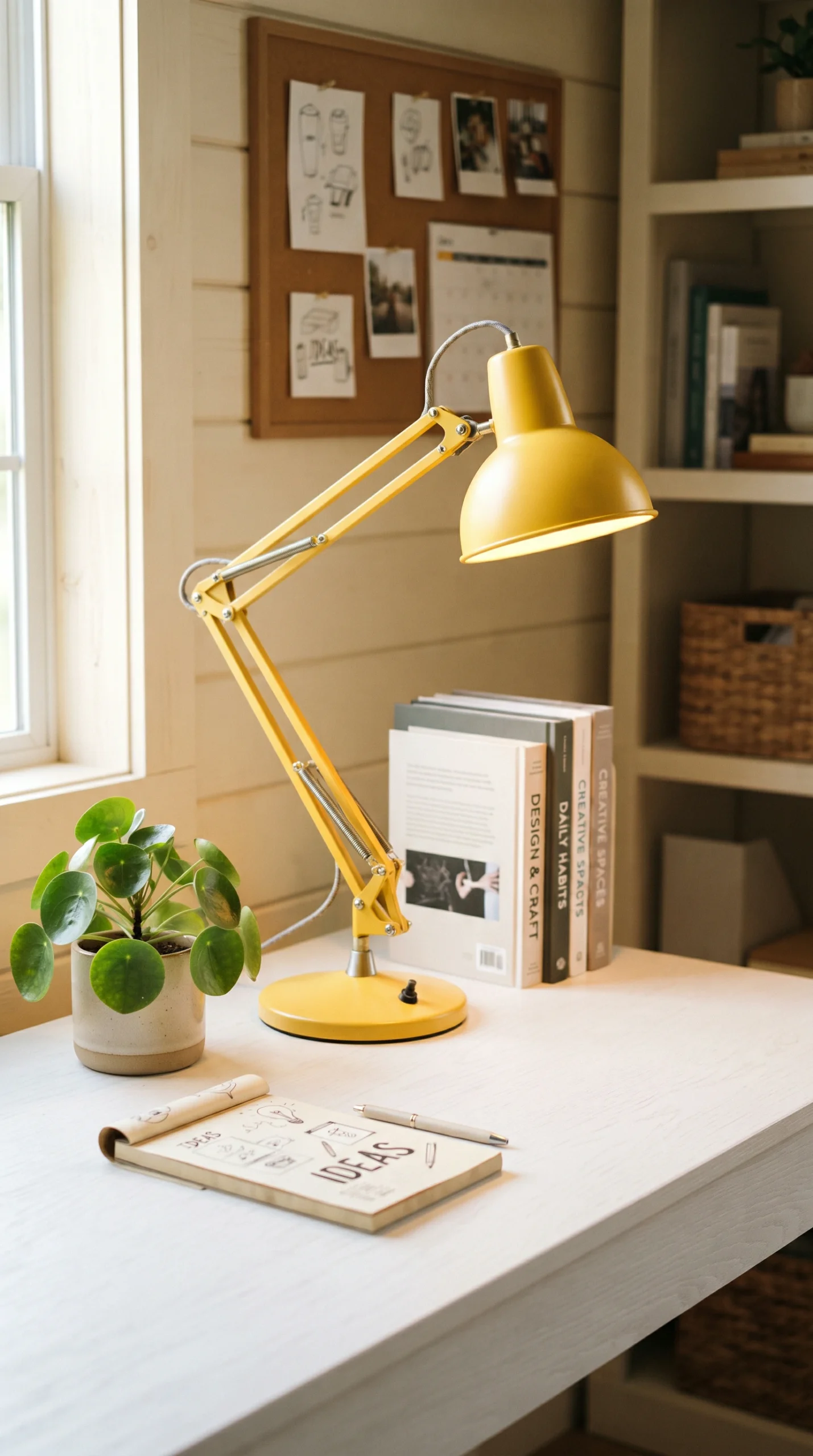 Mustard yellow articulating architect desk lamp on a white desk next to a potted plant and notebook.