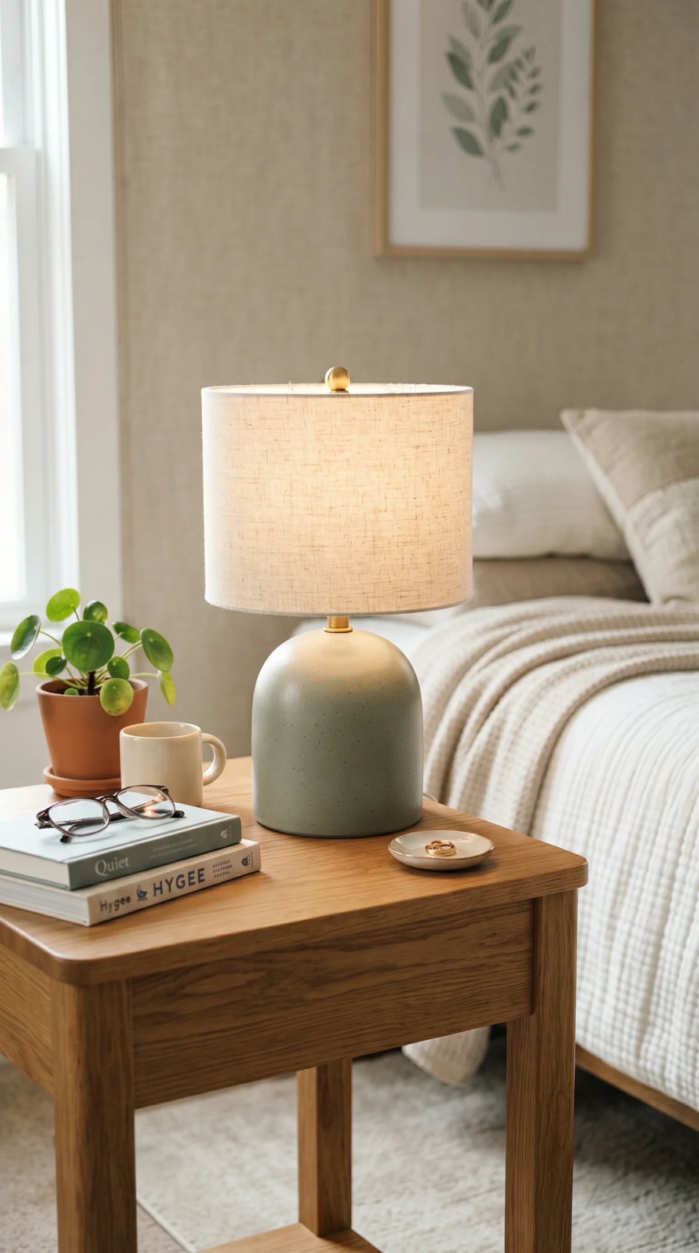 Petite muted sage ceramic dome lamp sitting on a clean wood nightstand in a cozy bedroom