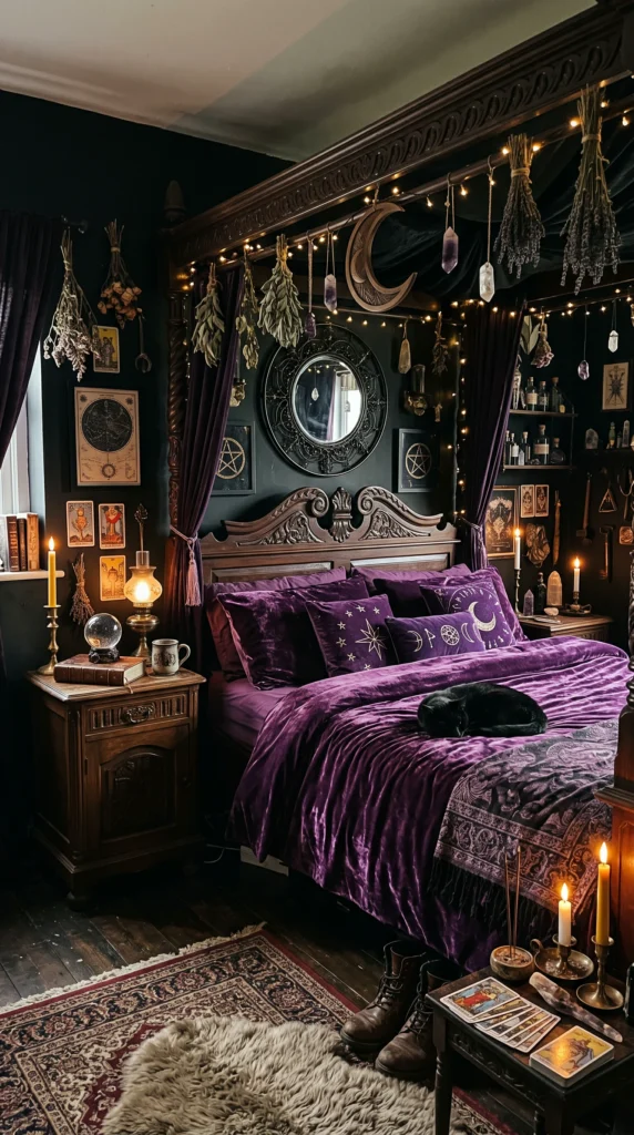 Dramatic witchy bedroom decor with black walls and purple velvet bedding.