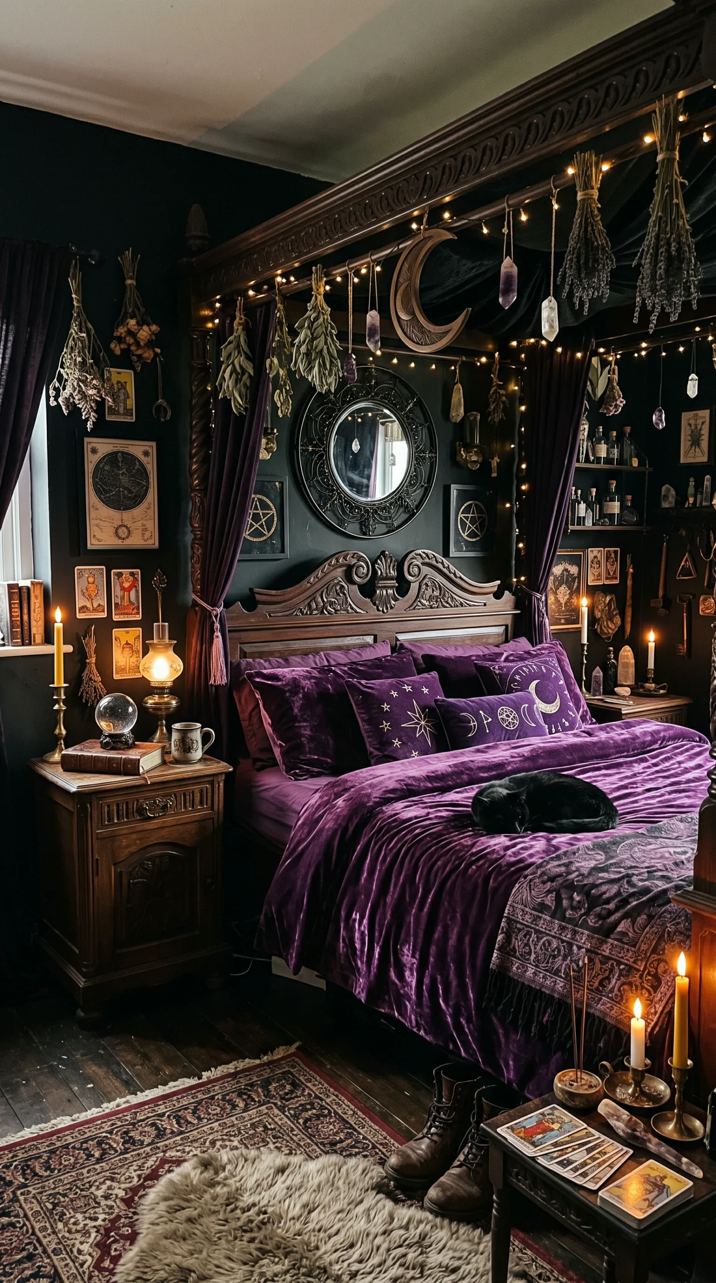 Dramatic witchy bedroom decor with black walls and purple velvet bedding.