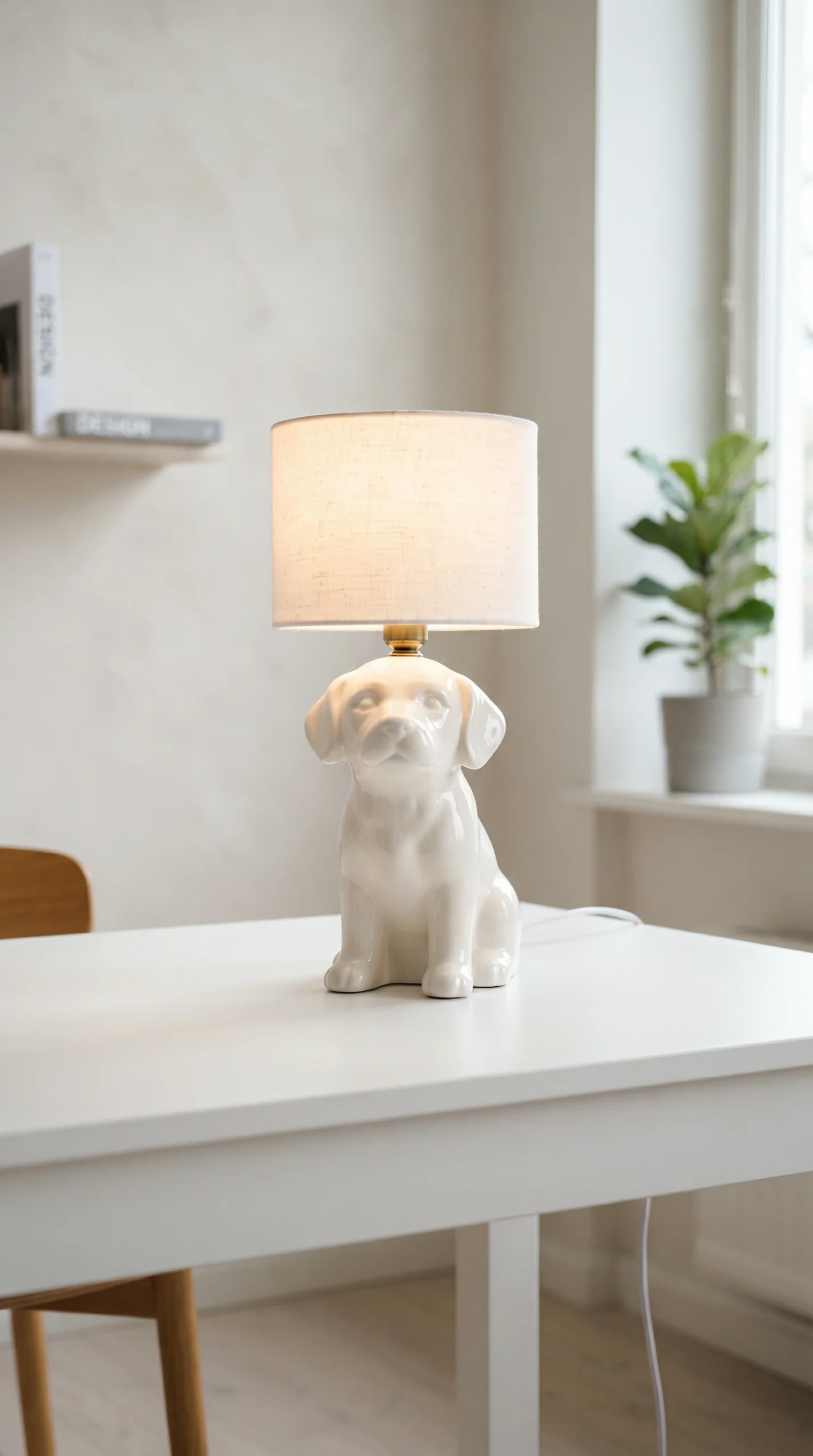 A stark optical white ceramic dog lamp sitting entirely alone on a minimalist desk in a bright room.