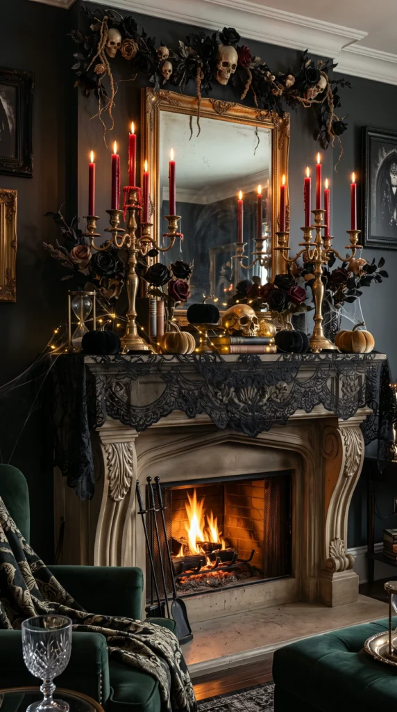 A traditional fireplace mantel decorated with moody gothic Halloween decor, skulls, and candlelight.