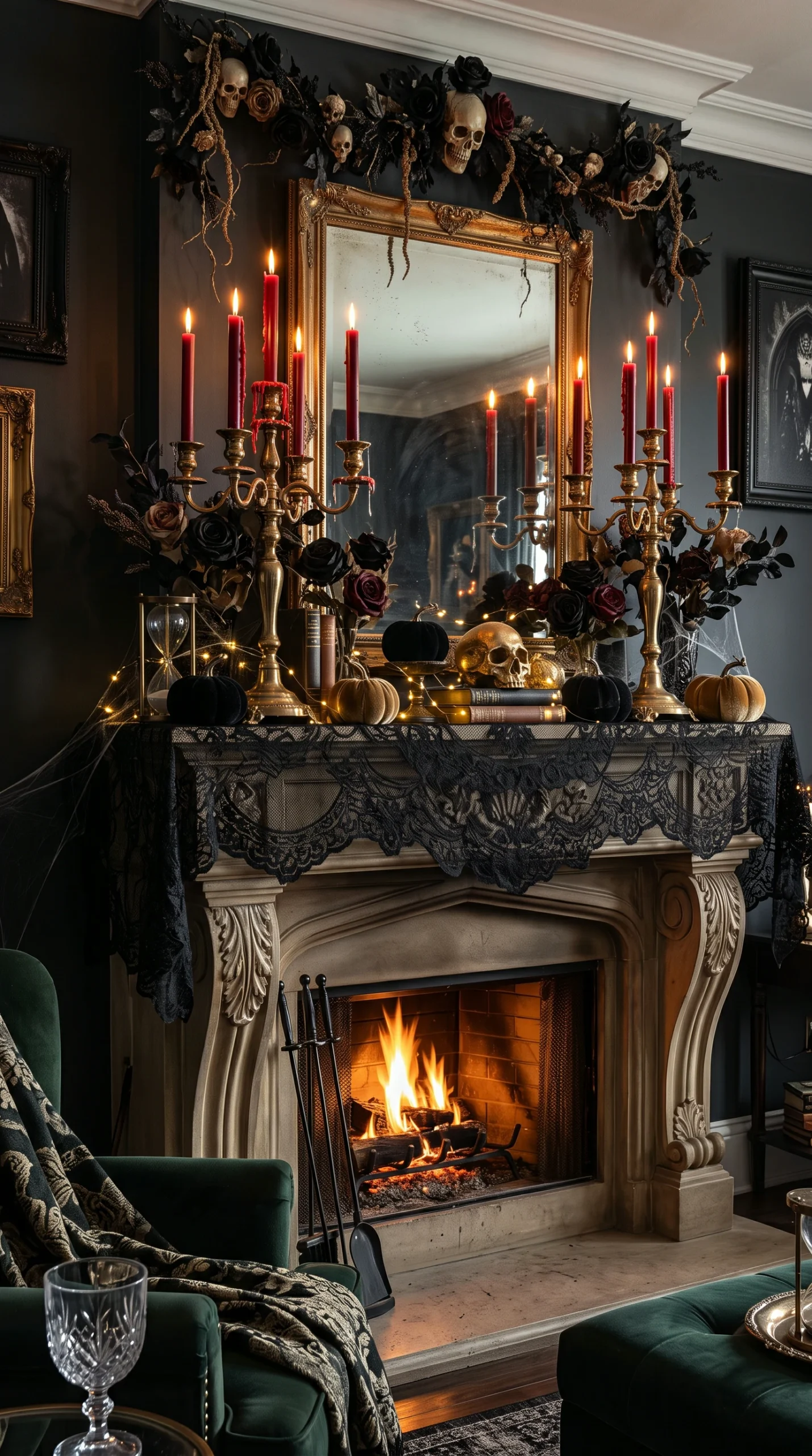 A traditional fireplace mantel decorated with moody gothic Halloween decor, skulls, and candlelight.