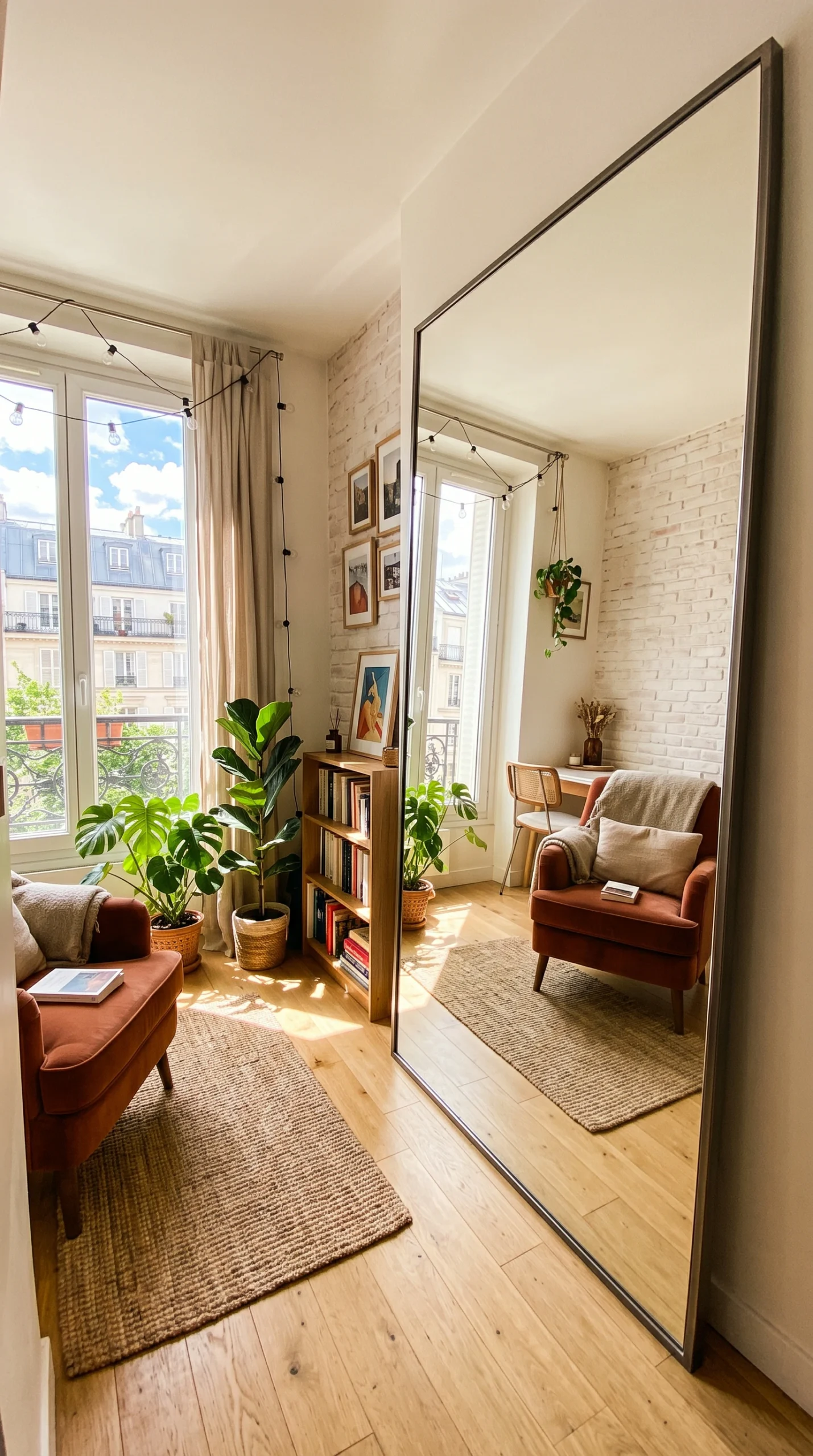 Large floor mirror reflecting a small sunny apartment living room with an orange armchair and indoor plants.