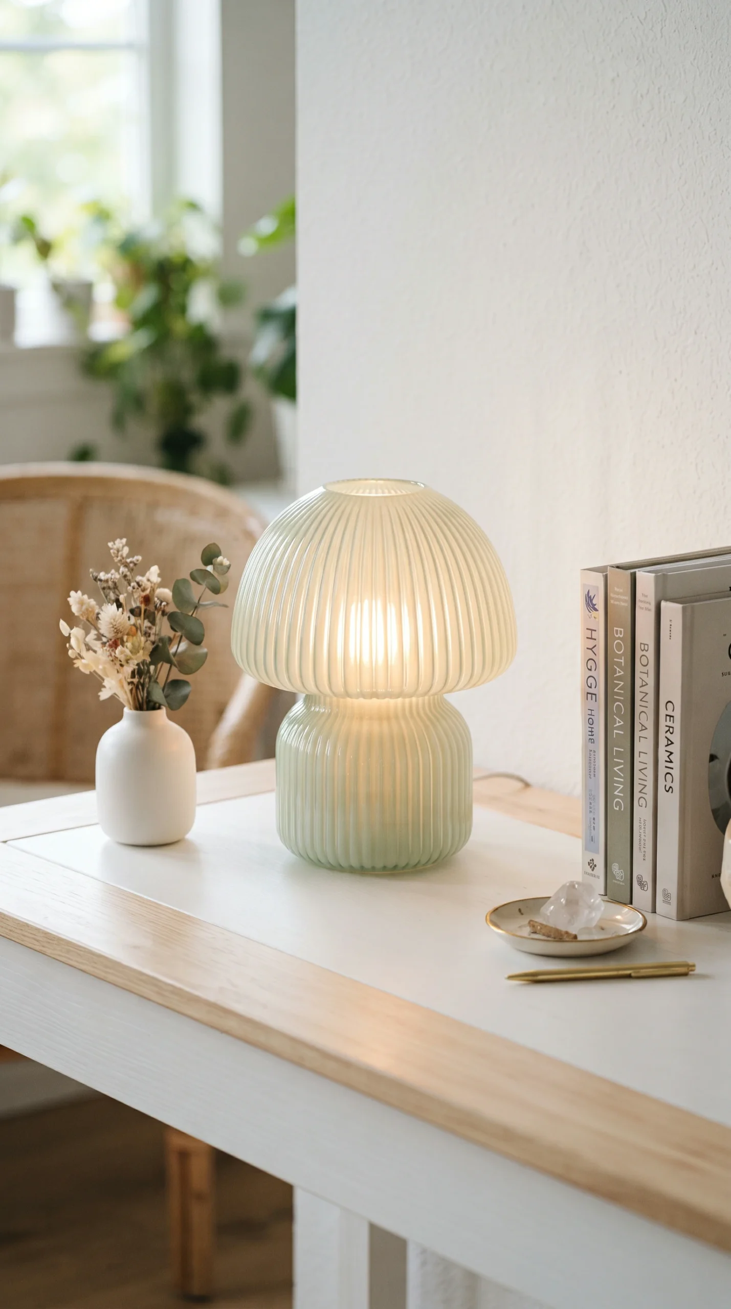 Pale sage green ribbed glass mushroom lamp sitting on a crisp white desk.
