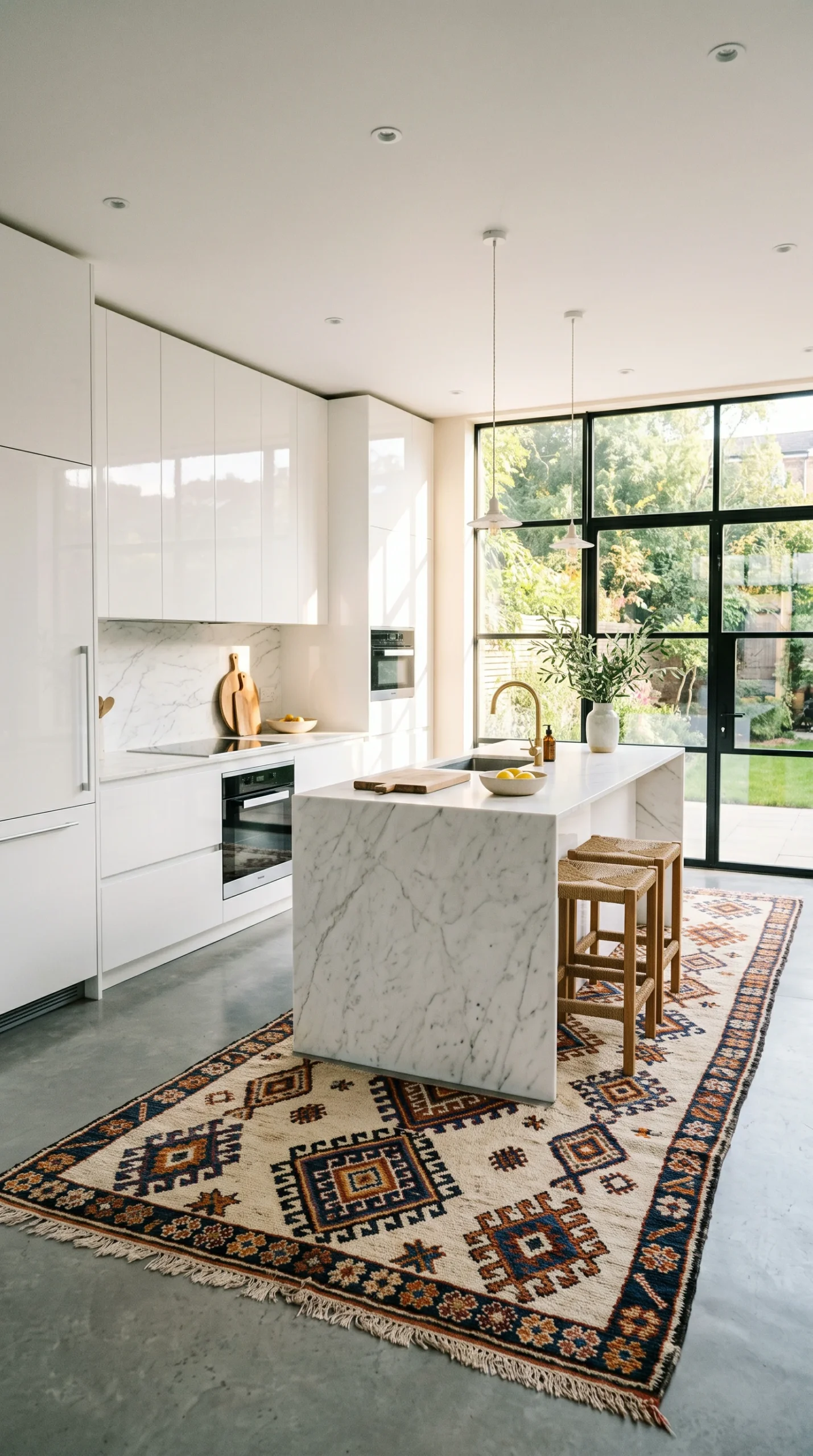 Modern stark white luxury kitchen with a marble island and a vintage beige and blue Moroccan rug on a concrete floor.