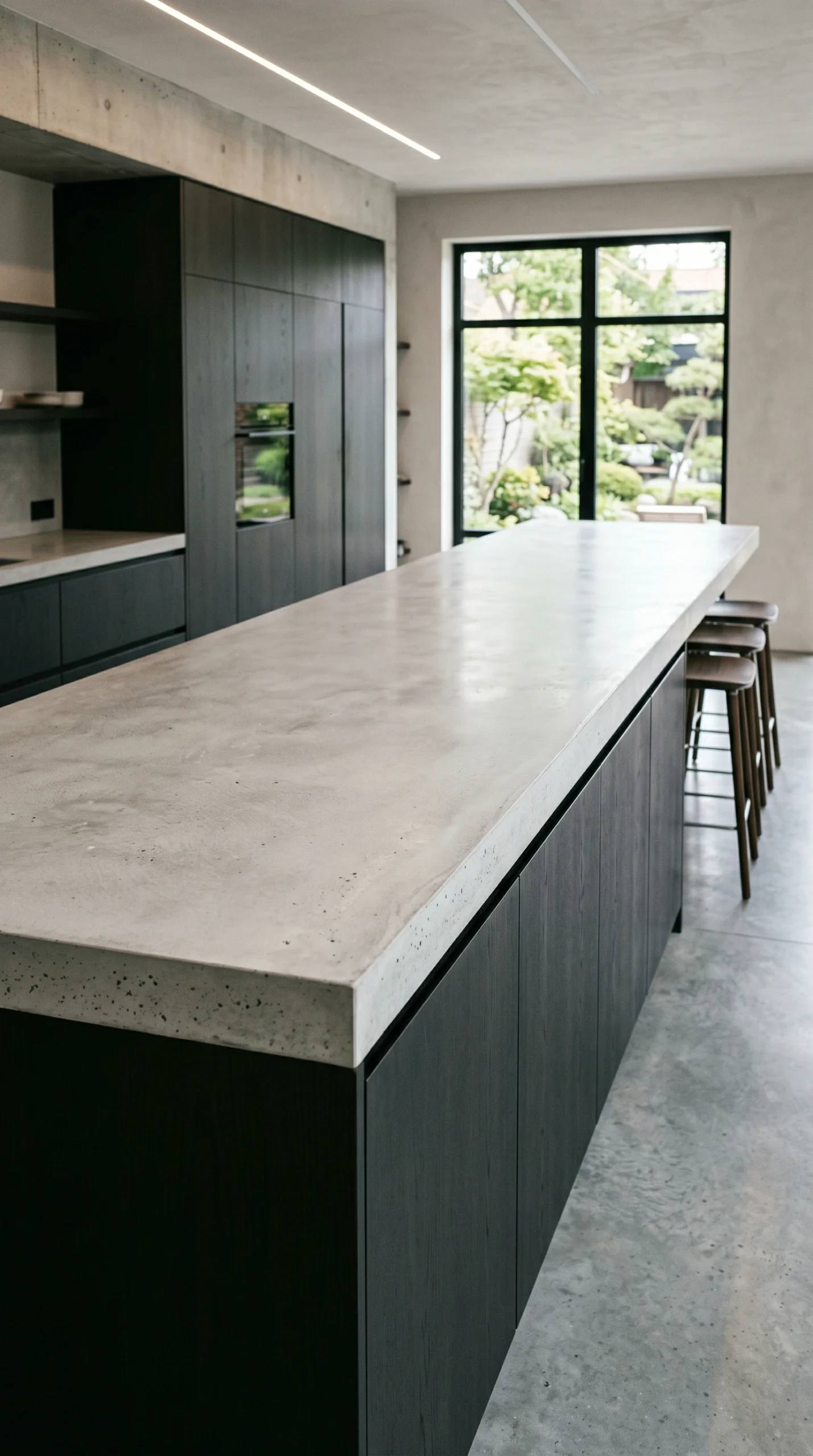 Minimalist modern kitchen with a massive bare white concrete island countertop.