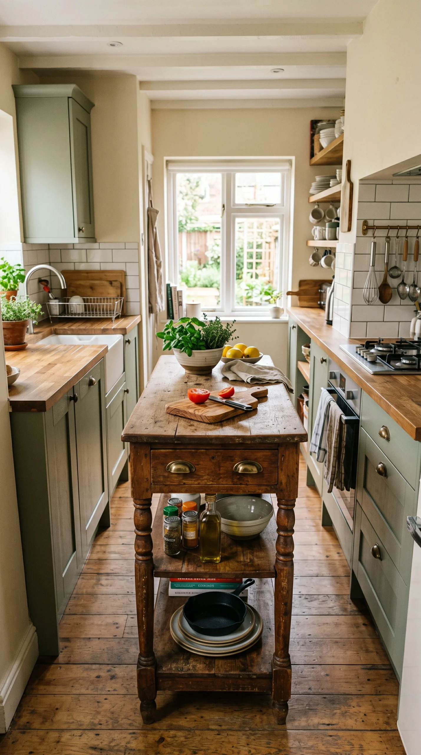 A narrow vintage wooden console table repurposed as a highly functional kitchen island in a compact, galley-style kitchen.