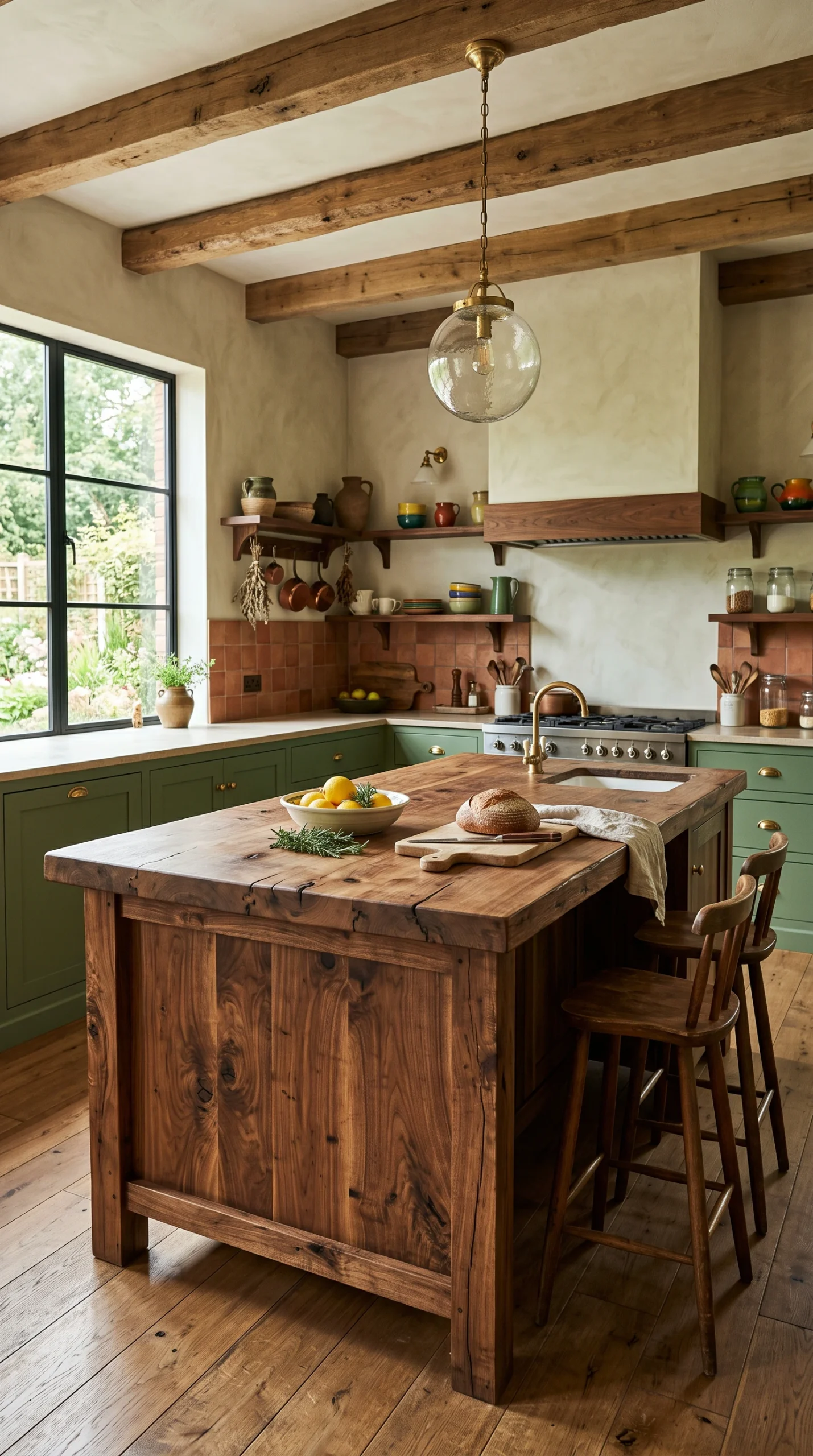 green kitchen cabinets with wood accents