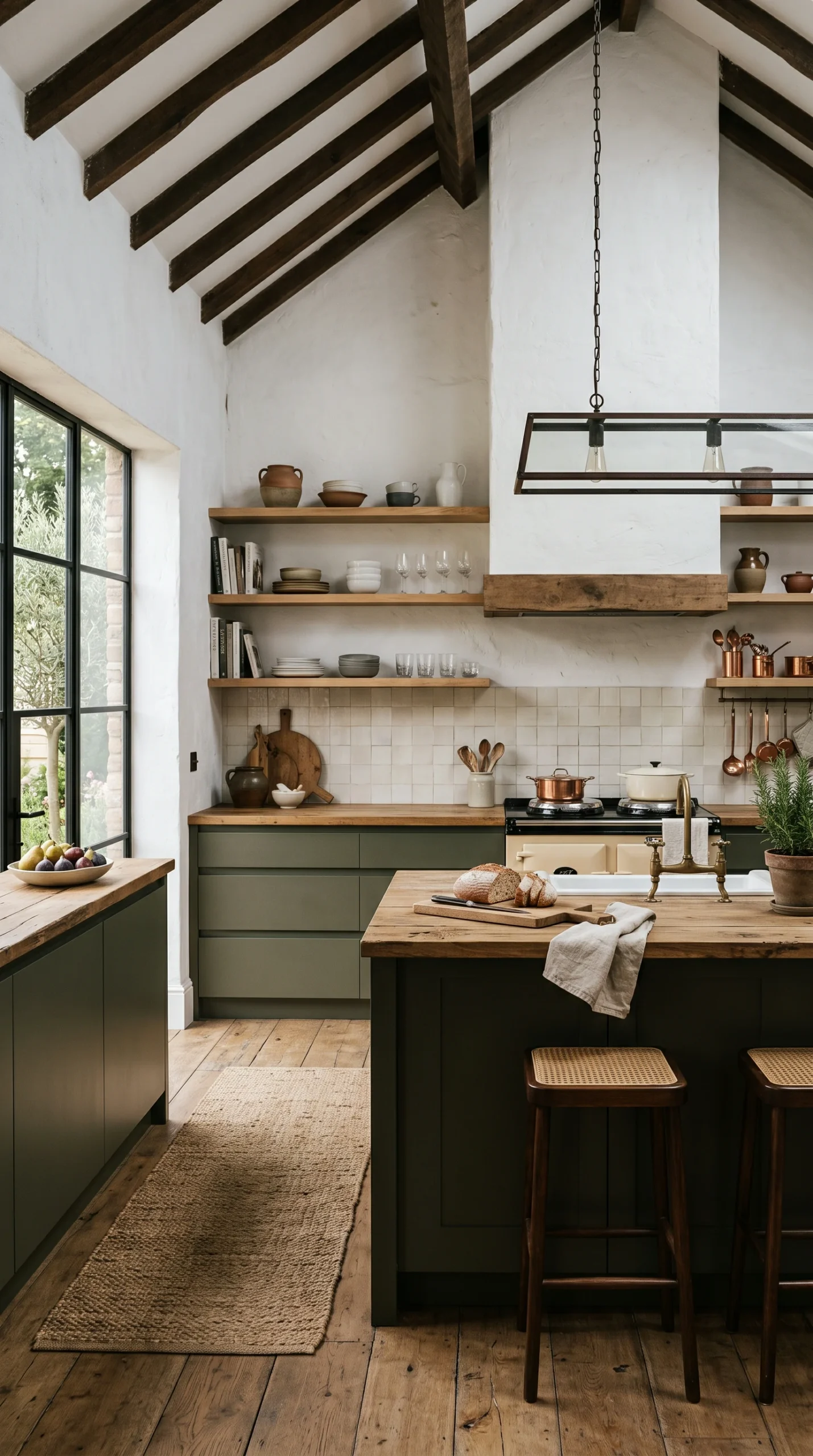Modern shaker-style dark green kitchen with rustic touches.