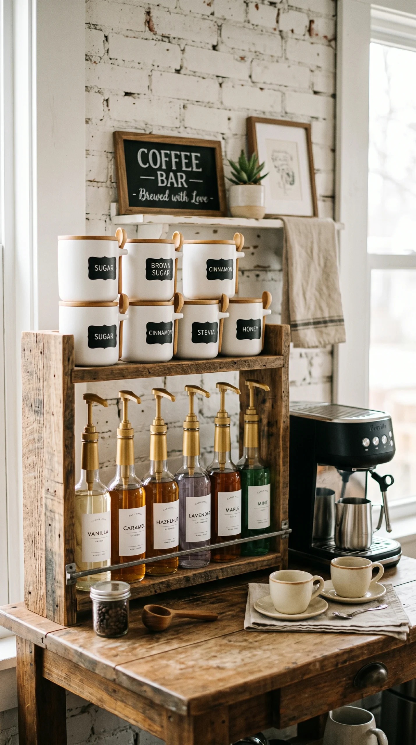 Organized coffee station with wooden tiered stand, syrup bottles, and sugar jars on a tiny counter.