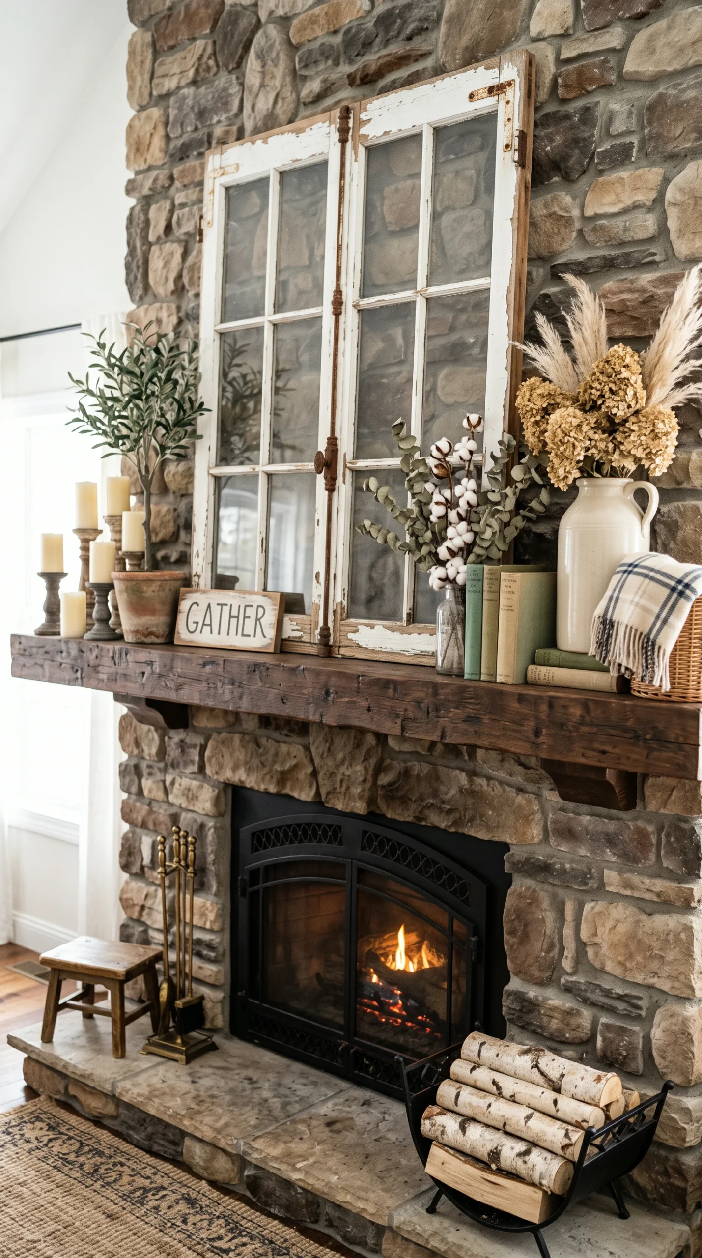 farmhouse mantel decor ideas featuring a massive aged white window frame on stone fireplace.