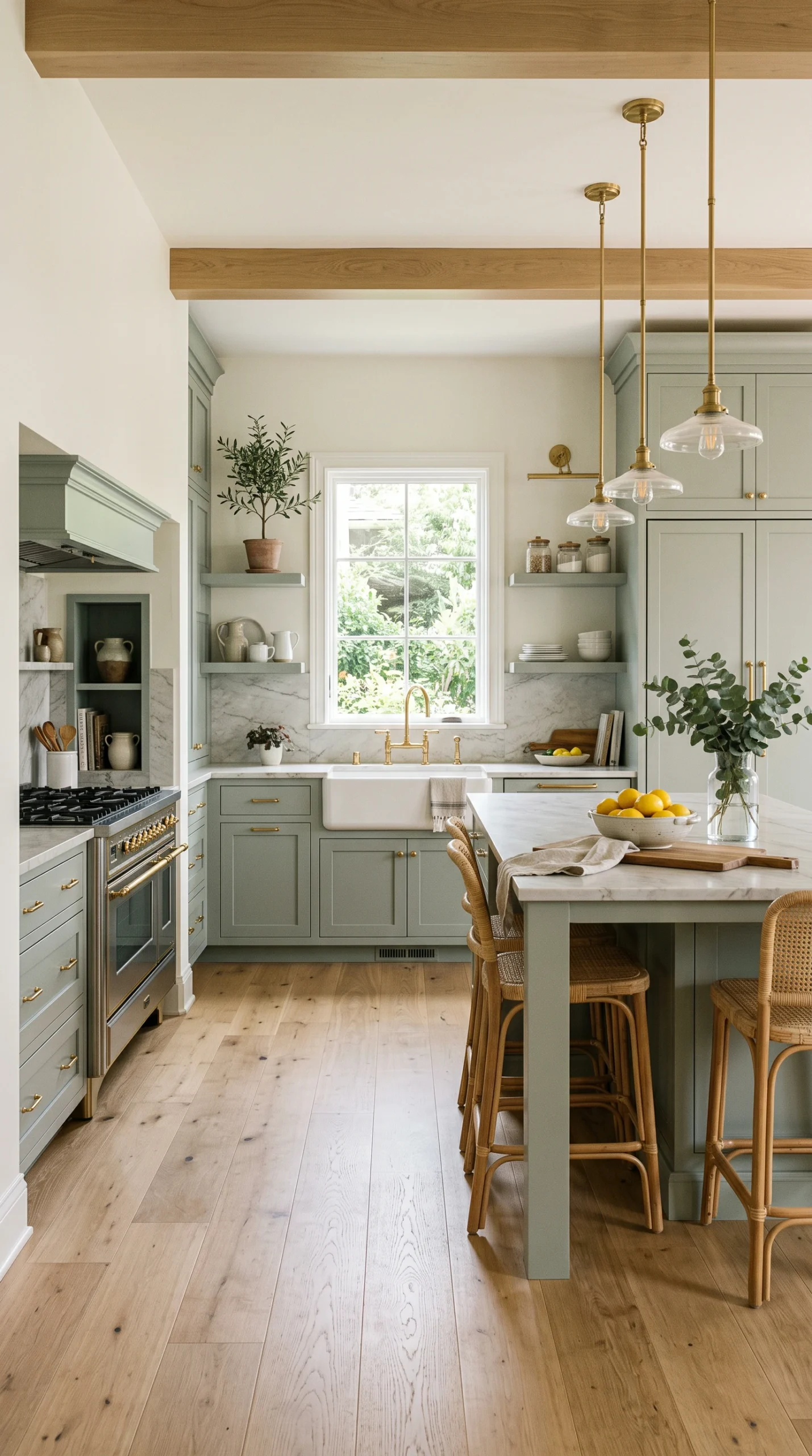 Sophisticated kitchen design featuring muted silvery sage green shaker cabinets and natural oak flooring.