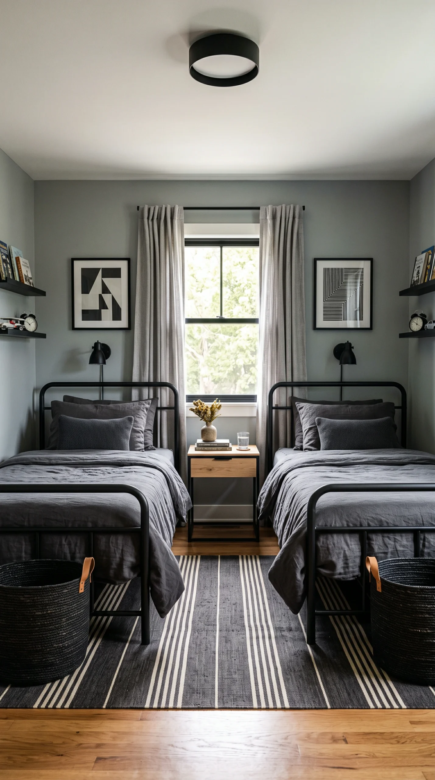 View of a shared boy bedroom with two identical black metal twin beds, grey bedding, and matching decor.