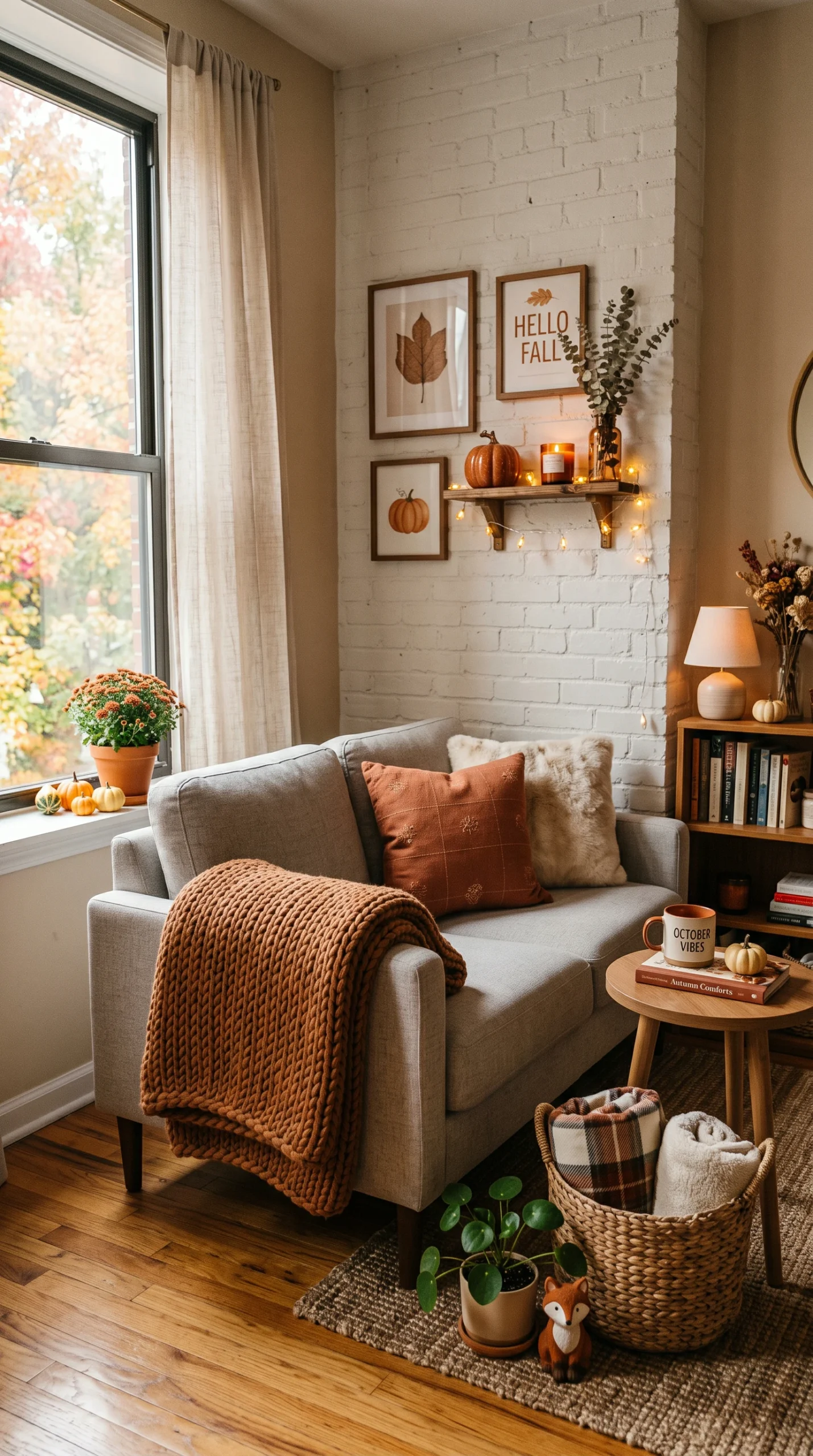 A small cozy living room decorated with fall items like a blanket and pumpkins.