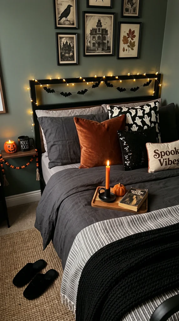 A cozy small Halloween bedroom featuring layered charcoal grey bedding and a rust velvet pillow, with a spooky gallery wall and bat lights.