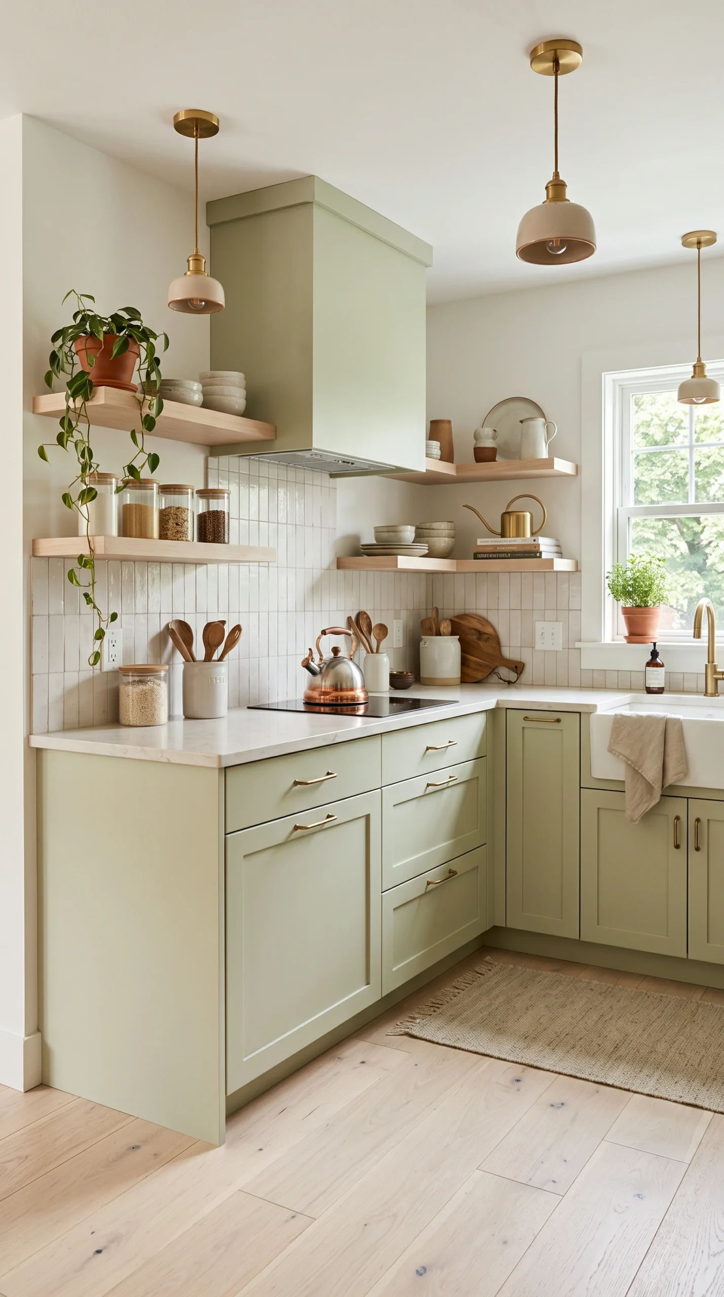 small kitchens with green cabinets, showcasing a minimalist handleless design.